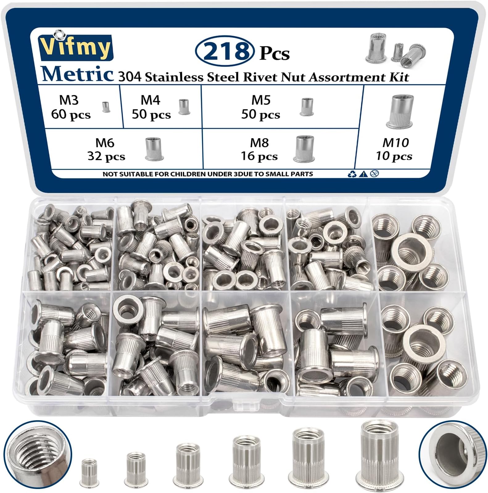 Metric 304 Stainless Steel Rivet Nut Assortment Kit(218 Pcs),M3 M4 M5 M6 M8 M10 Flat Head Rivnut Set,Rivnut Threaded Insert Nut