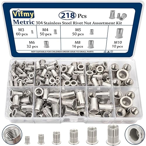 Vifmy Kit surtido de tuercas de remache métricas (218 unidades), m3 m4 m5 m6 m8 m10 304 acero inoxidable cabeza plana remaches juego de tuercas