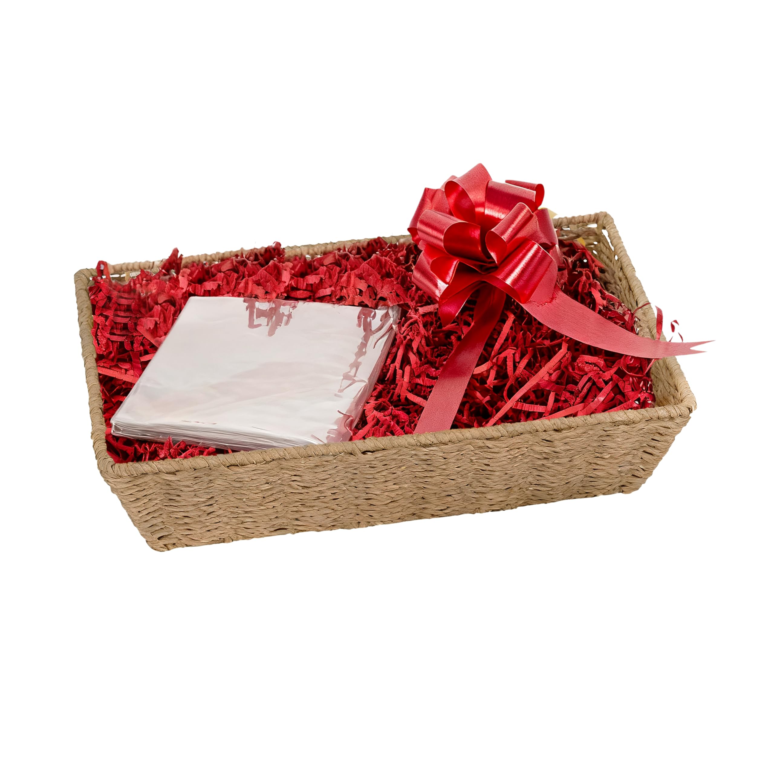 Wickerfield Gift Hamper Basket Kit with Shredded Paper, Make Your Own Gift Hamper, Paper Rope Storage Organiser, Woven Wicker Basket (Beige Basket, Red Filling)