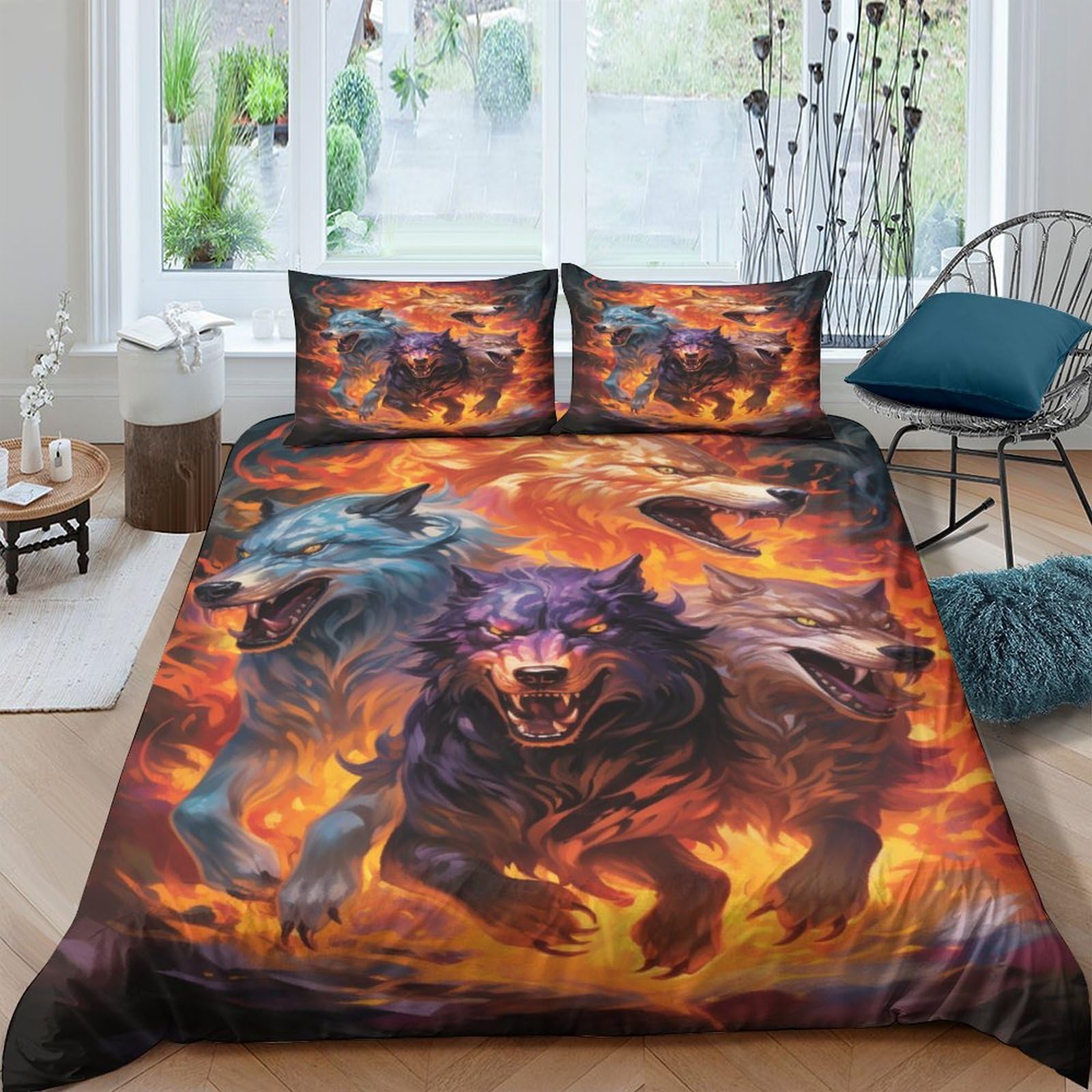 Housse de couette loup 3D 220x240 cm parure de lit microfibre avec taies d'oreiller pour adulte