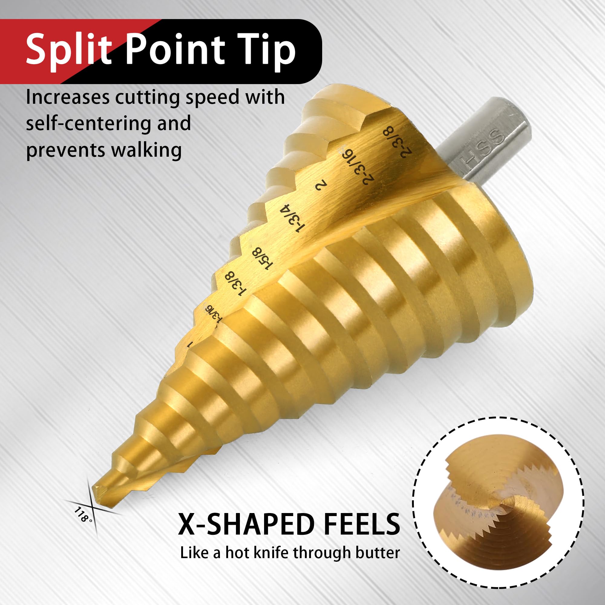 Punta per trapano a gradino HSS con scanalatura a spirale, 12 gradini in acciaio ad alta velocità da 1/4" a 2-3/8", per acciaio inossidabile, alluminio, plastica e legno, grande foro