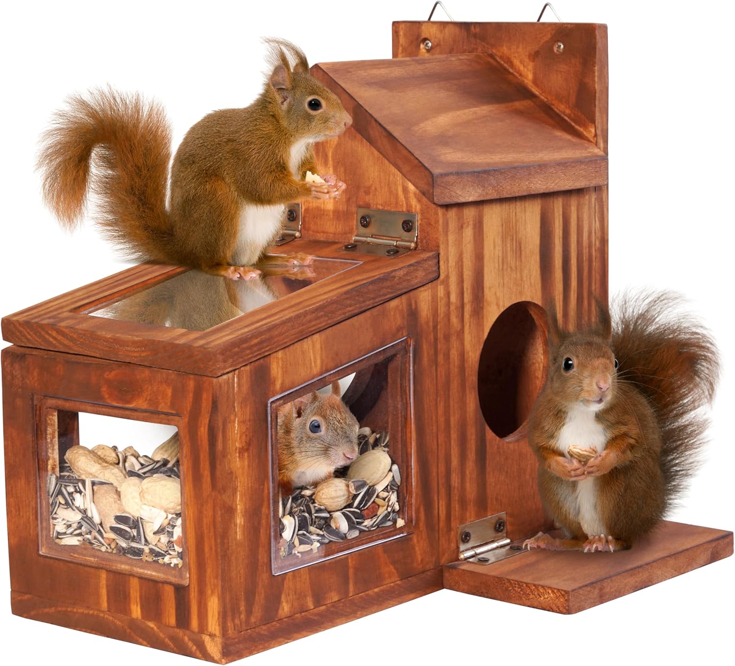 MIXUMON Wood Squirrel Feeder, Squirrel Feeders for Outside Winter, Wooden Chipmunk Feeder for Corn, Peanuts, Durable Box Easy to Fill with Removable Top Panel
