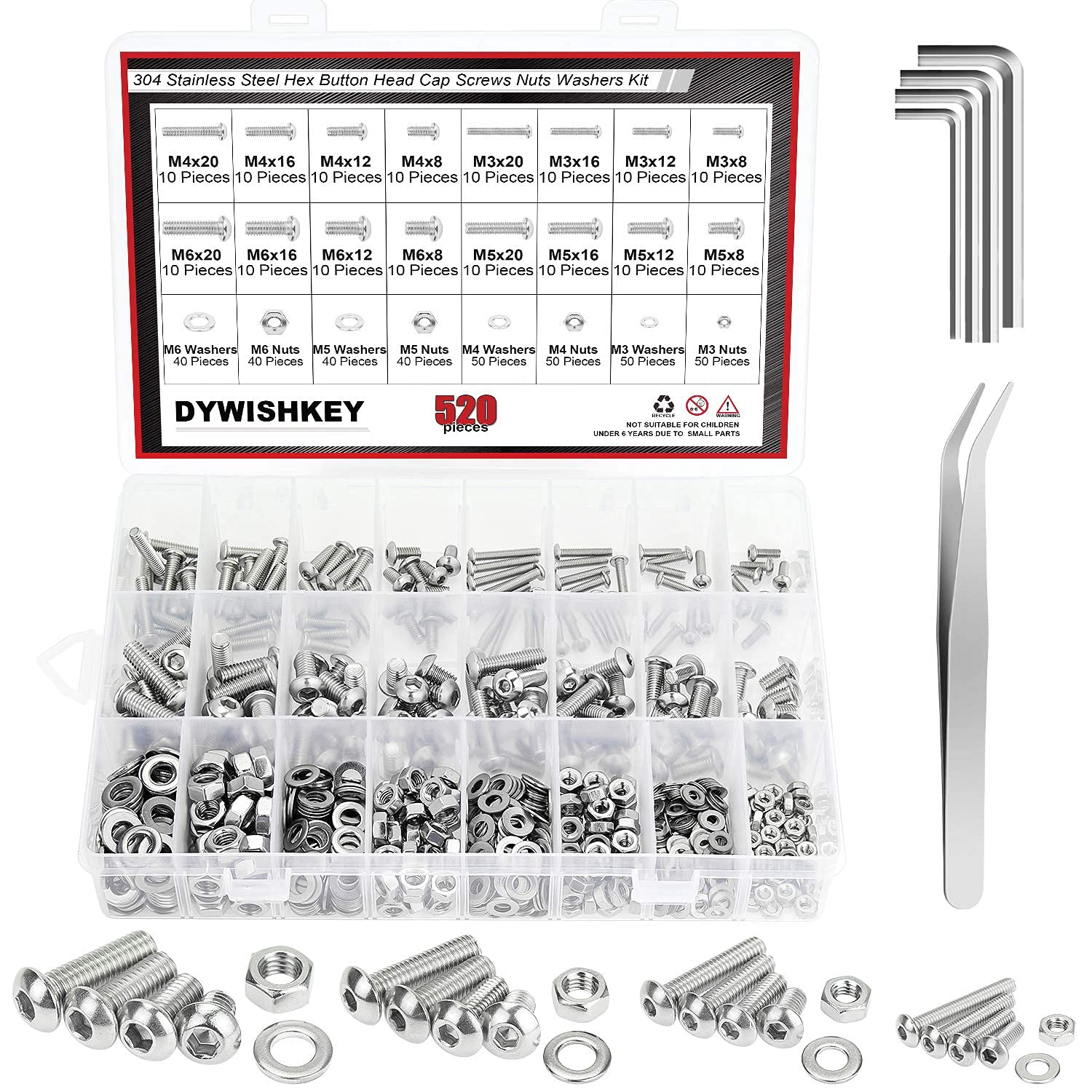 DYWISHKEY 520 PCS M3 M4 M5 M6, 304 Stainless Steel Hex Socket Head Cap Bolts Screws Nuts Washers Assortment Kit with Hex Wrenches