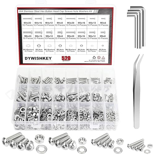 DYWISHKEY 520 piezas M3 M4 M5 M6, 304 tornillos de cabeza hexagonal de acero inoxidable 304, tornillos, tuercas, arandelas, kit surtido con llaves