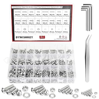 DYWISHKEY 520 PCS M3 M4 M5 M6, 304 Stainless Steel Hex Button Head Cap Bolts Screws Nuts Washers Assortment Kit with Hex Wrenches