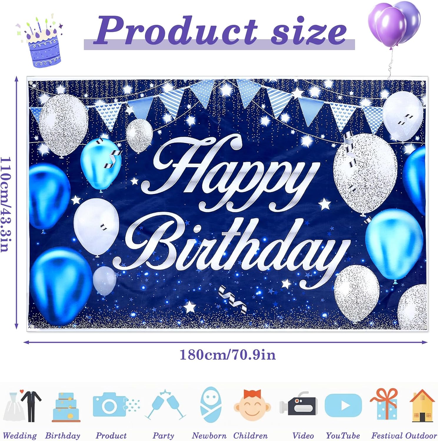 Yolev Happy Birthday Banner Sign Blue Silver Happy Birthday Decorations Large Backgroud Birthday Party Banners for Men Women Indoor Outdoor Party Decorations