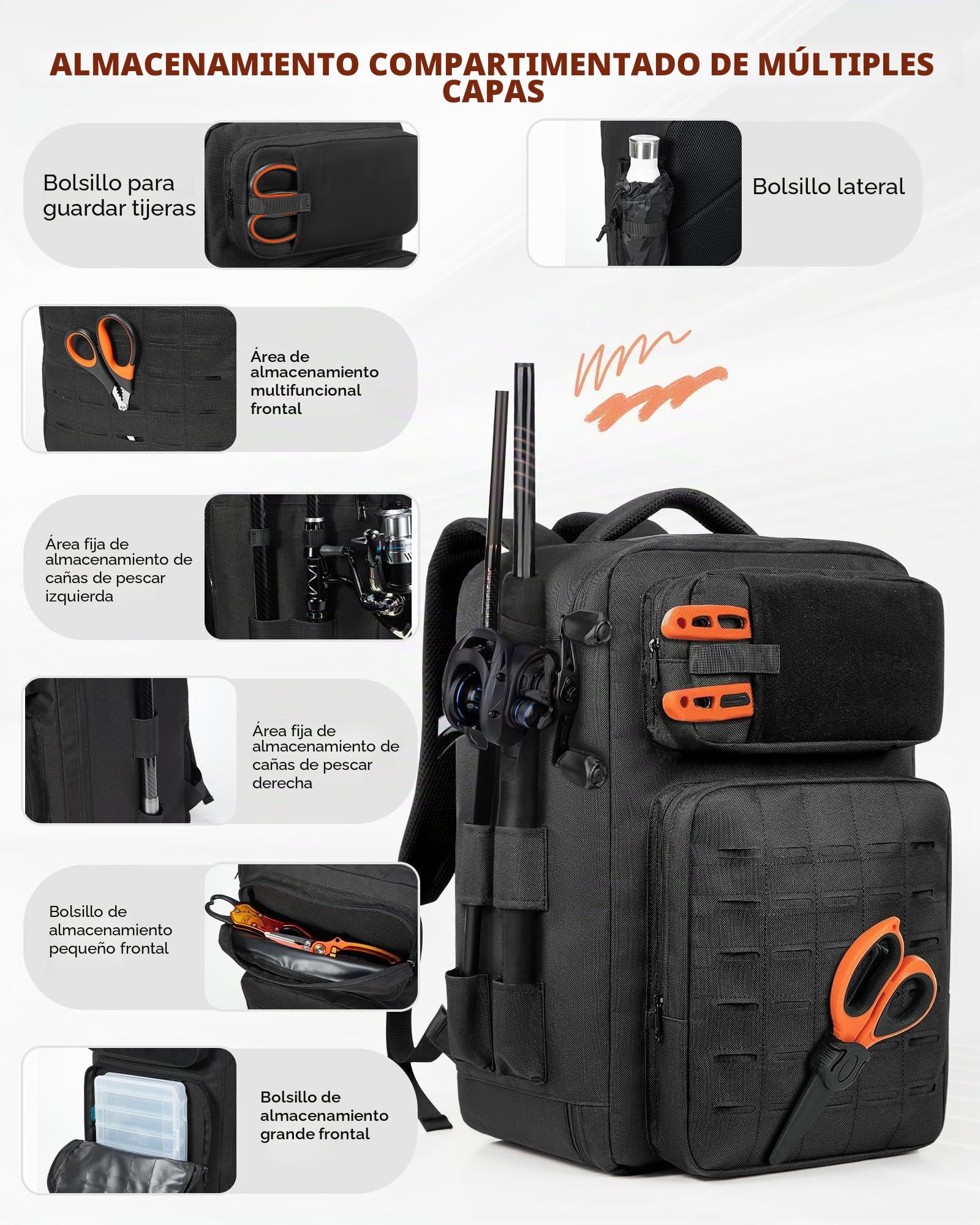 WEFLIER Mochilas de Pesca, Bolsos de Equipos de Con Accesorios de Pesca Con Palos de, Bolsos de Viaje Con Bolsas de Almacenamiento 48l, Caza de Campamento, Camping, Trekking, Negro