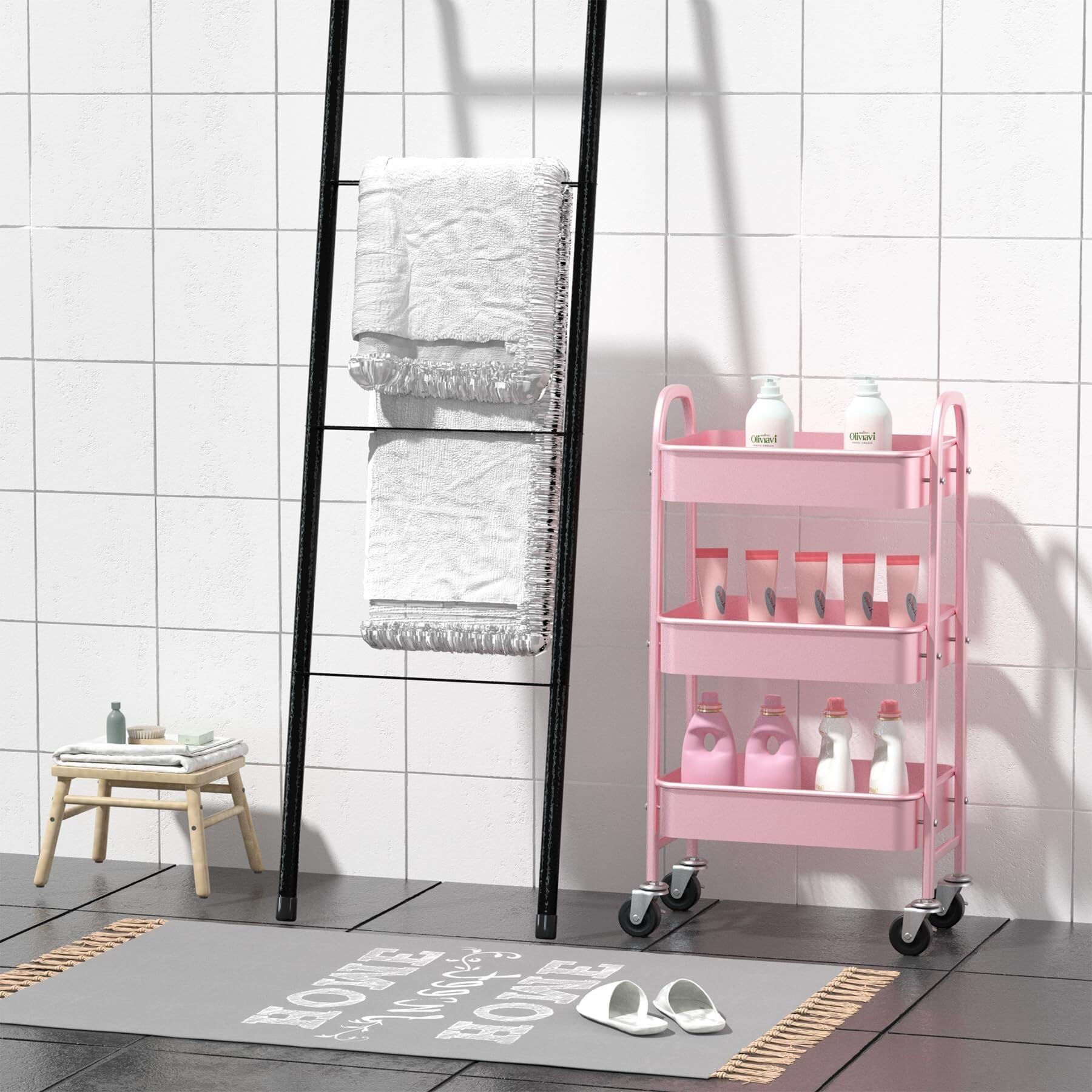 Carrellos Estetista Carrello Portaoggetti in Metallo A 3 Ripiani su Ruote, Salvaspazio E Durevole, per Cucina, Trucco, Bagno, Ufficio Carrello Parrucchieri(Pink)