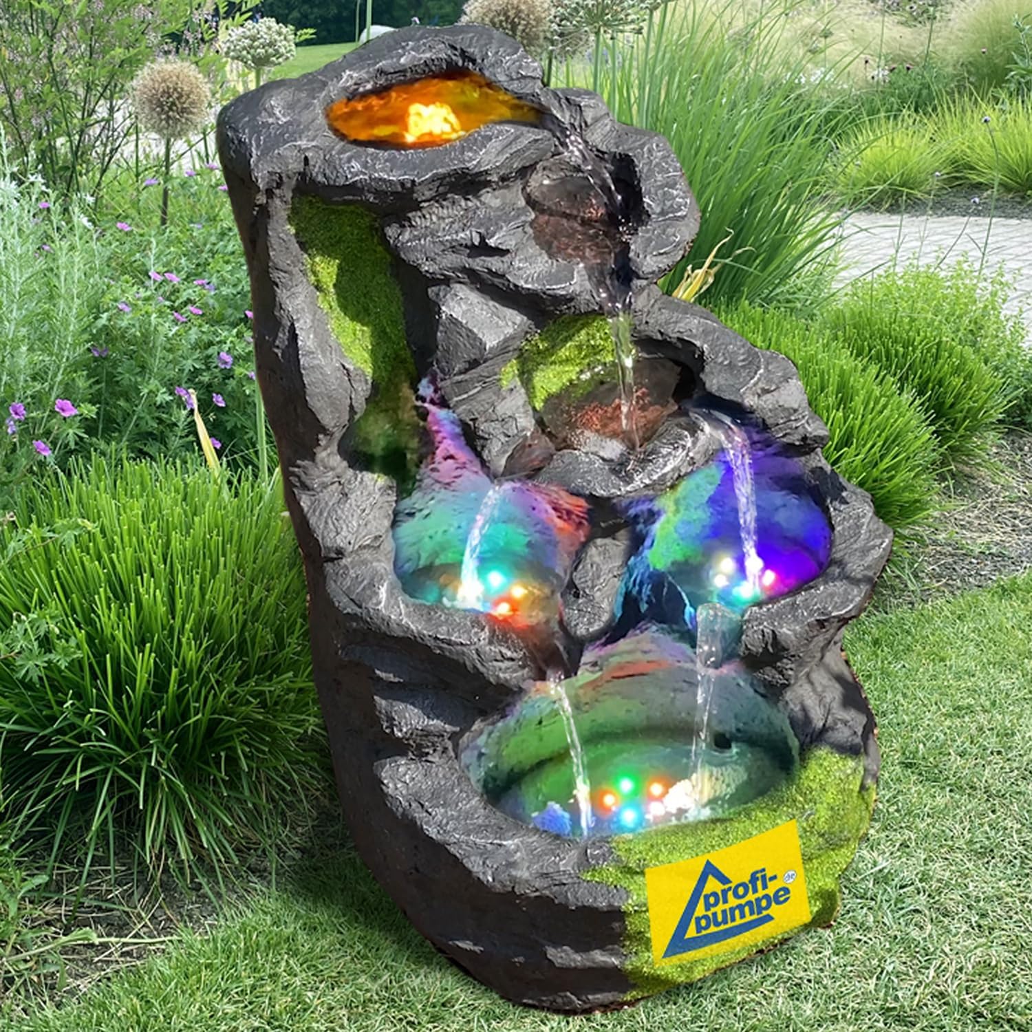 Gartenbrunnen Zierbrunnen Fels-Kaskade mit RGB Licht 230V für Garten, Gartenteich, Terrasse, Balkon