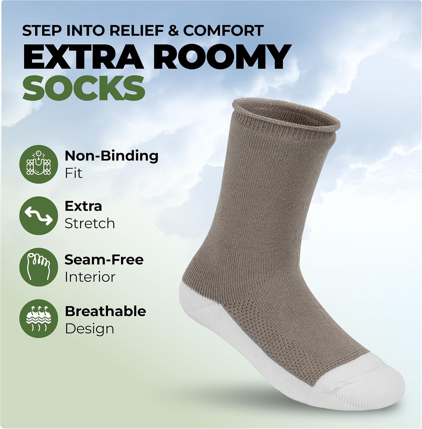 Extra Roomy Socks — Wide Calf Stretch Fit Crew Socks for Men & Women, Hiking Moisture-Wicking Athletic Socks | Pack of 3