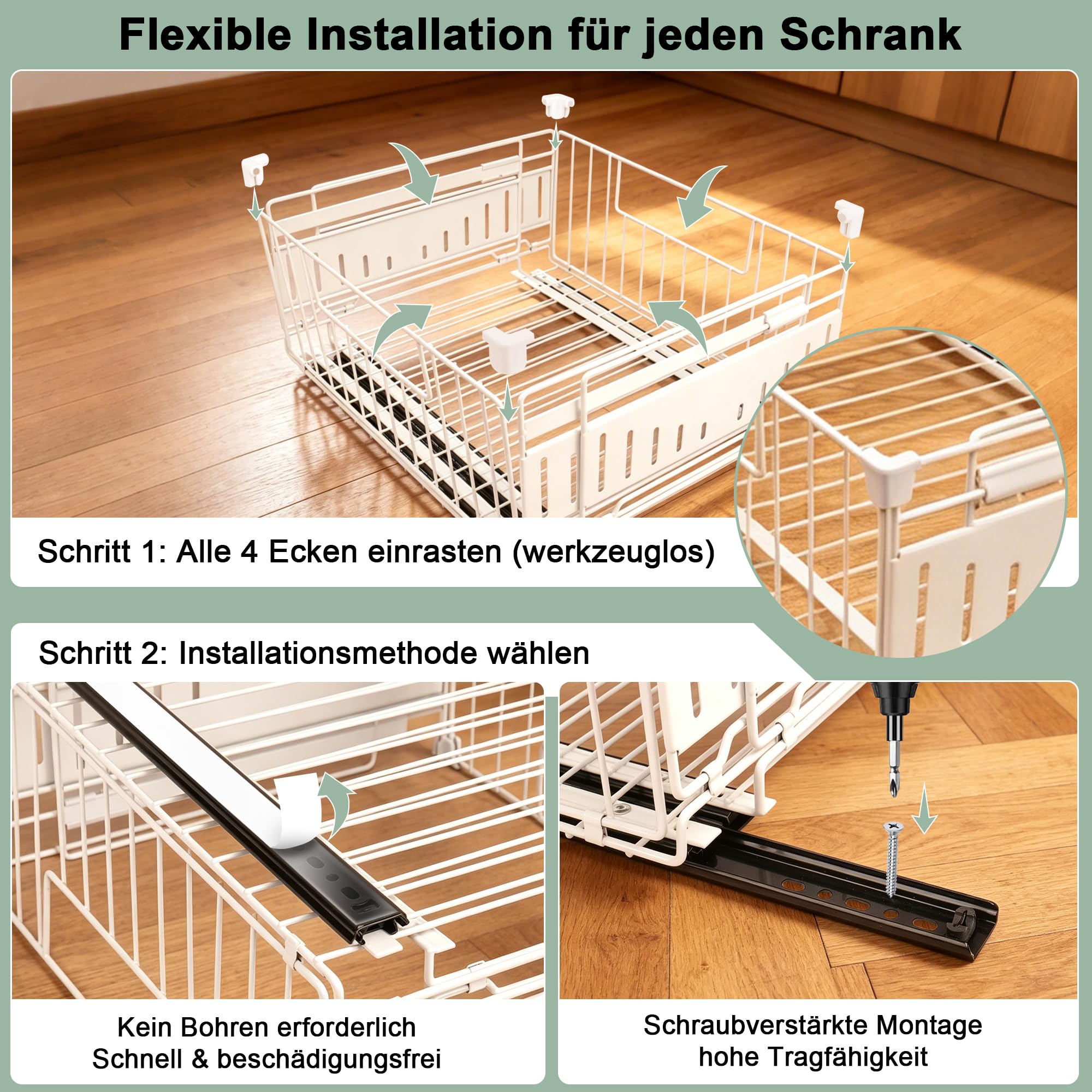 2 Stück Ausziehbare Schublade Küche, Teleskopschublade Inklusive Schubladenmatte, Einstellbarer Breite 33-51 cm, Küchenschrank Organizer ohne Bohren für Küche, Bad, Zimmern und Abstellräumen, (Weiß) | Mit Schubladenmatte, Ausziehbreite (33-50 cm), 3 Gleit