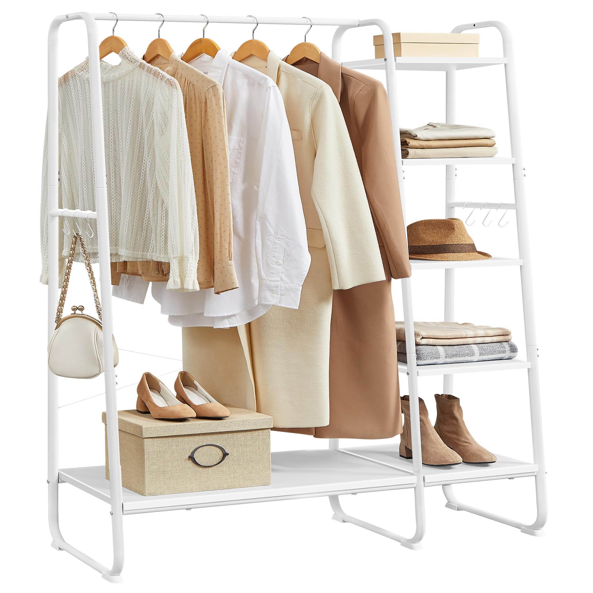 VASAGLE Clothes Rail, Clothes Rack with Shoe Shelf, 5-Tier Storage Rack, 6 Side Hooks, for Bedroom, Living Room, Cloud White and Matte White RGR116W02