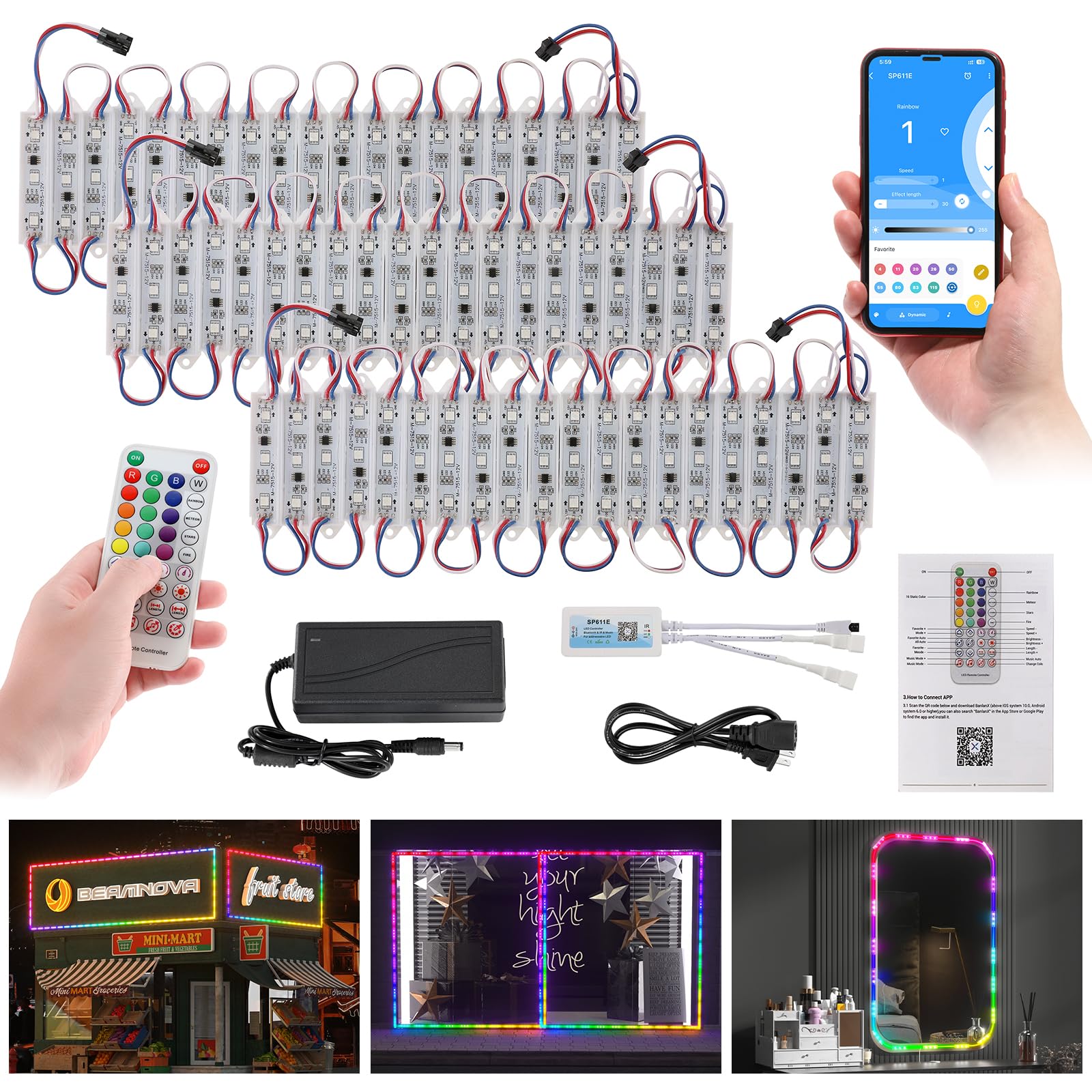 BEAMNOVA 30Ft Stip Lights Kit, 60pcs RGB LED Modules, Remote, Bluetooth App Control, DC 12V Voltage Transformer, Adhesive Waterproof Commercial Storefront Lights, No Lens