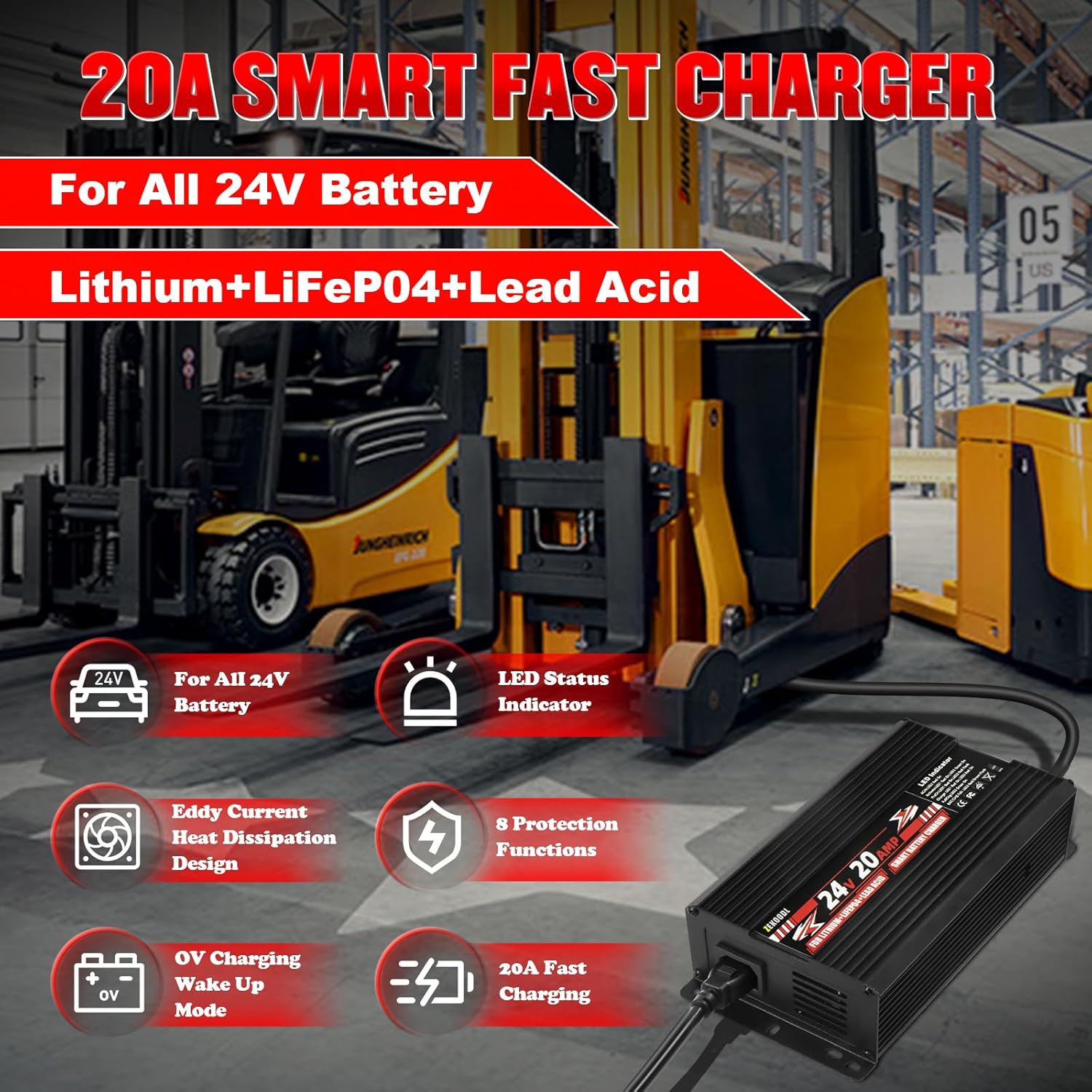 24V Battery Charger,20A Forklift Charger for LiFePO4/Lithium/Lead Acid Battery, Smart AC-DC Charger with Anderson Connector, for ATVs,Golf Carts, Boats, Scissor Lift, Floor Scrubbers, Motorcycles