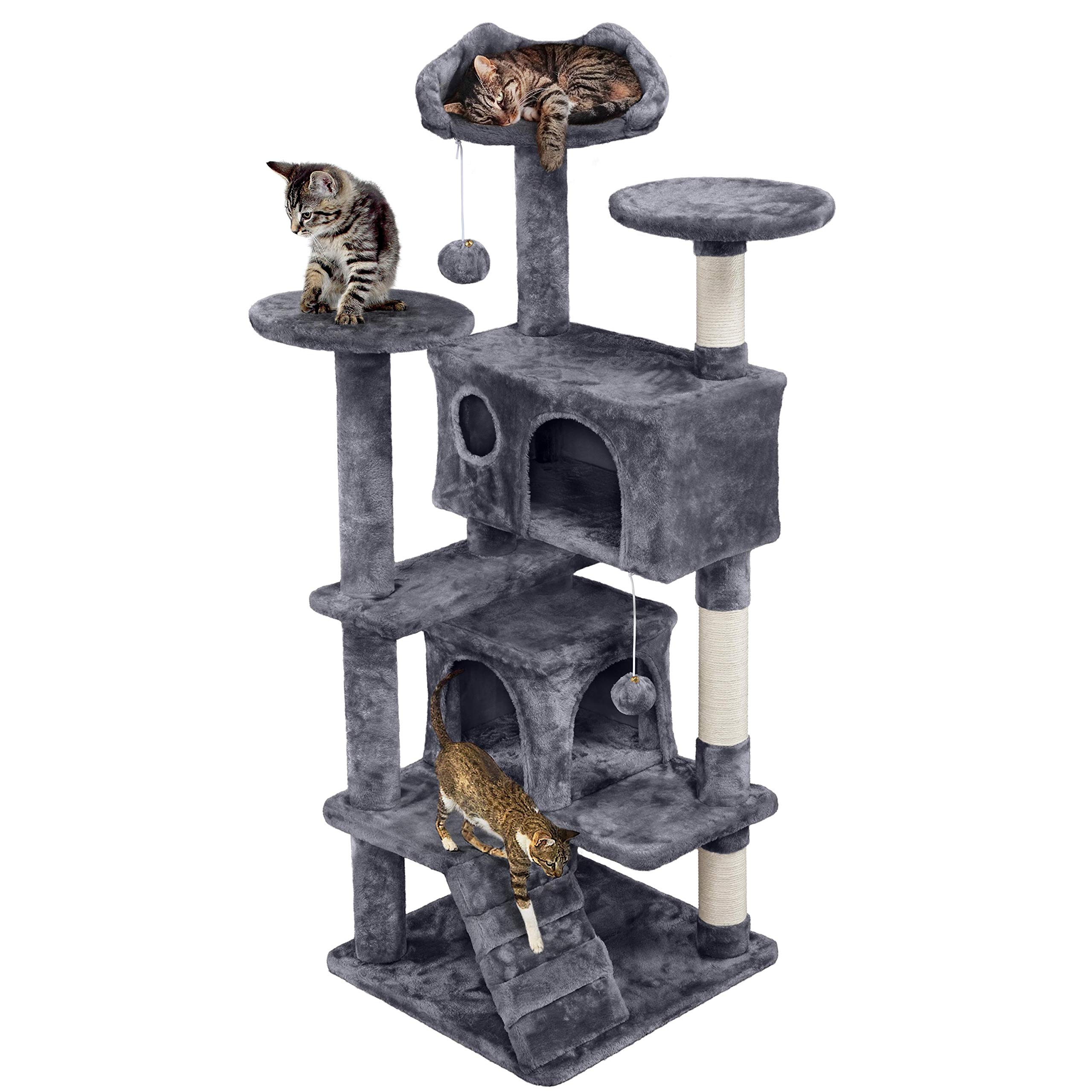 costoffs 137cm Cat Tree Climbing Cat Tower Cat Activity Tree with 2 Cat Condo and Sisal Scratching Posts, Dark Grey — image 1