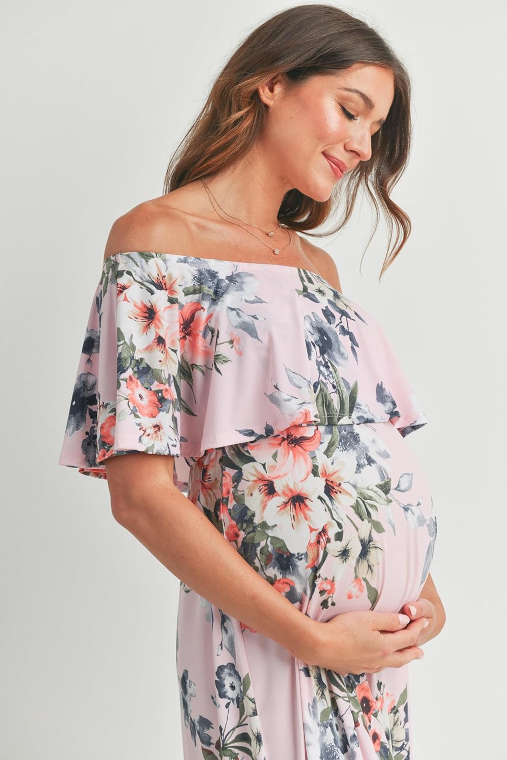 HELLO MIZ Maternity Dress Off Shoulder Maxi Pregnant Women Baby Shower Photoshoot, Large, Pink Coral Flower