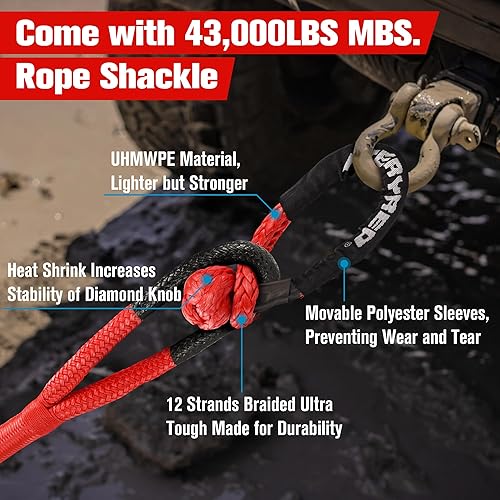 Miniatura 7 de FieryRed Kit de cuerda de recuperación cinética con 2 grilletes suaves, cuerda de remolque de 78 pulgadas x 20 pies, correa de arranque todoterreno