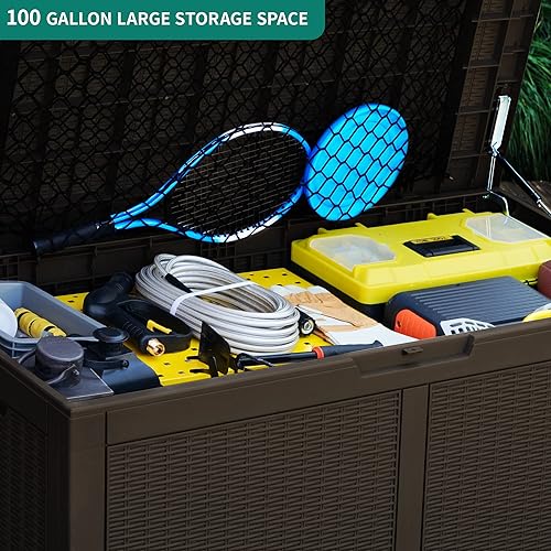 Miniatura 7 de YITAHOME 100 Gallon Large Deck Box wStorage Net, Resin Outdoor Storage Boxes, Waterproof Patio Cushion Storage Bench for Patio Furniture, Pool