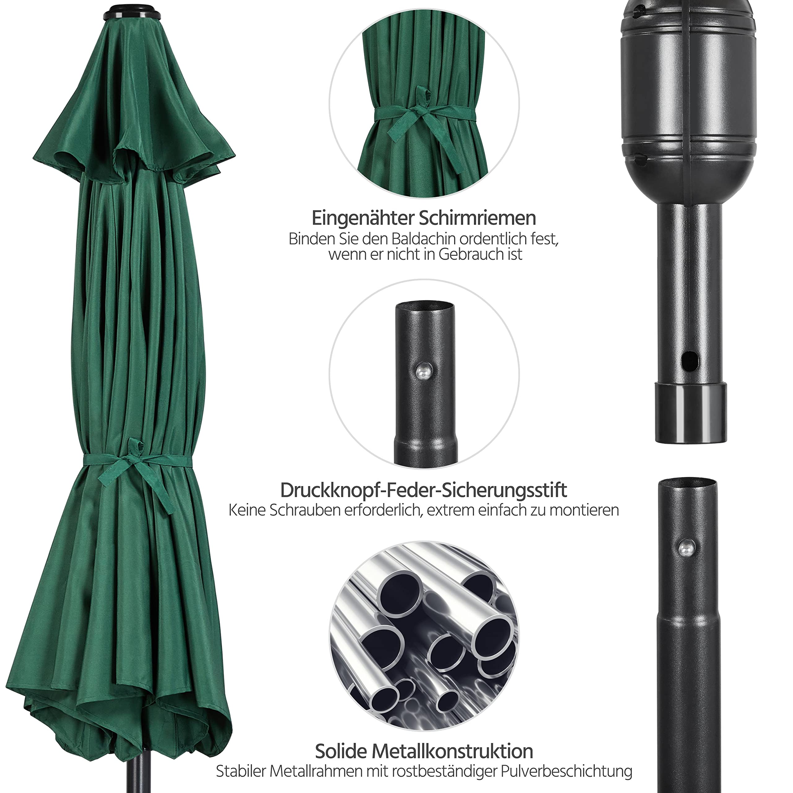 Yaheetech Okrągły parasol przeciwsłoneczny, na balkon, taras, 270 cm, składany, z korbą, ochrona przed promieniowaniem UV UPF 50+, ciemnozielony