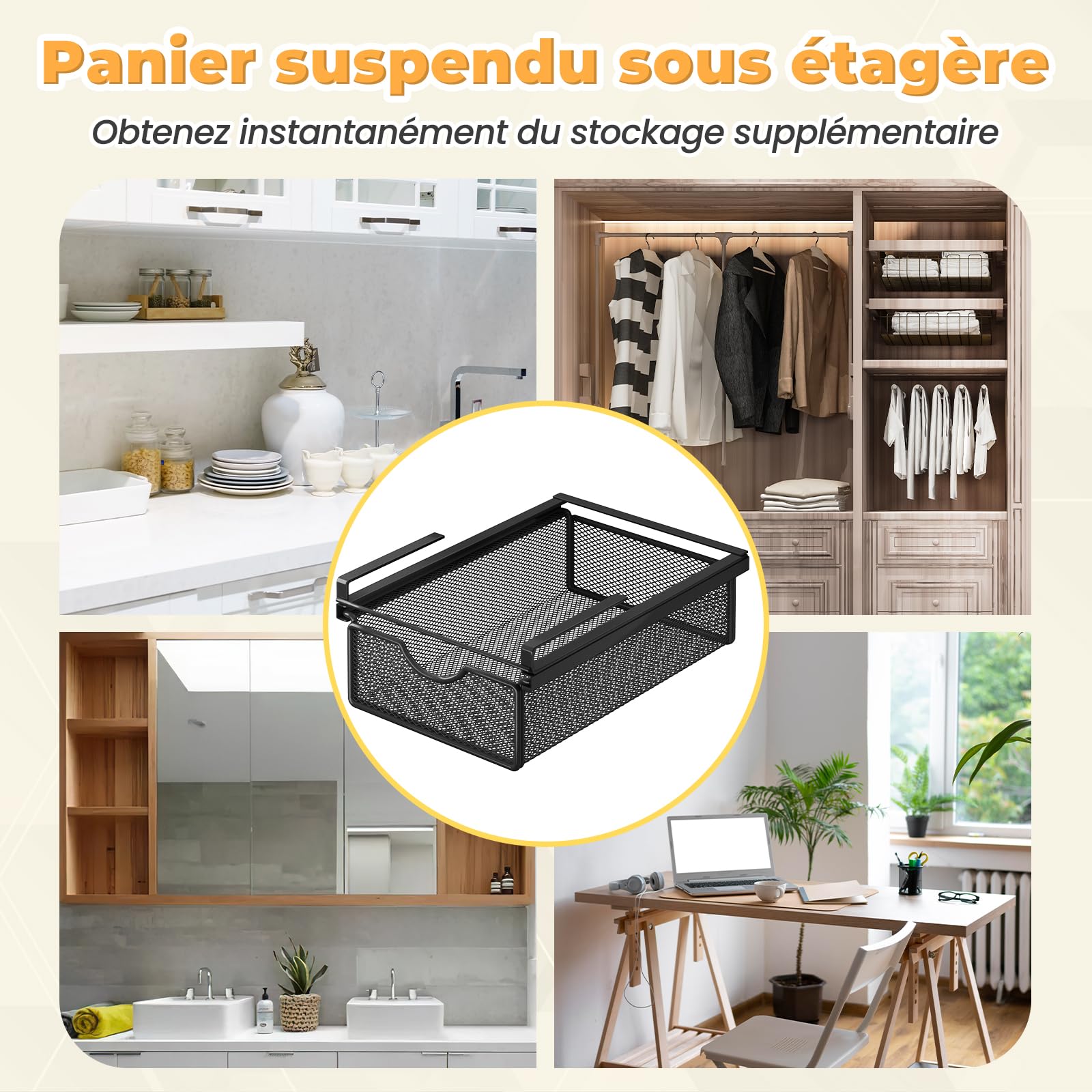LOVIVER Panier à Tiroir Coulissant Suspendu, Panier de Rangement Coulissant sous Étagère, Organisateur de Rangement sous Armoire, Bureau, Commode, XS