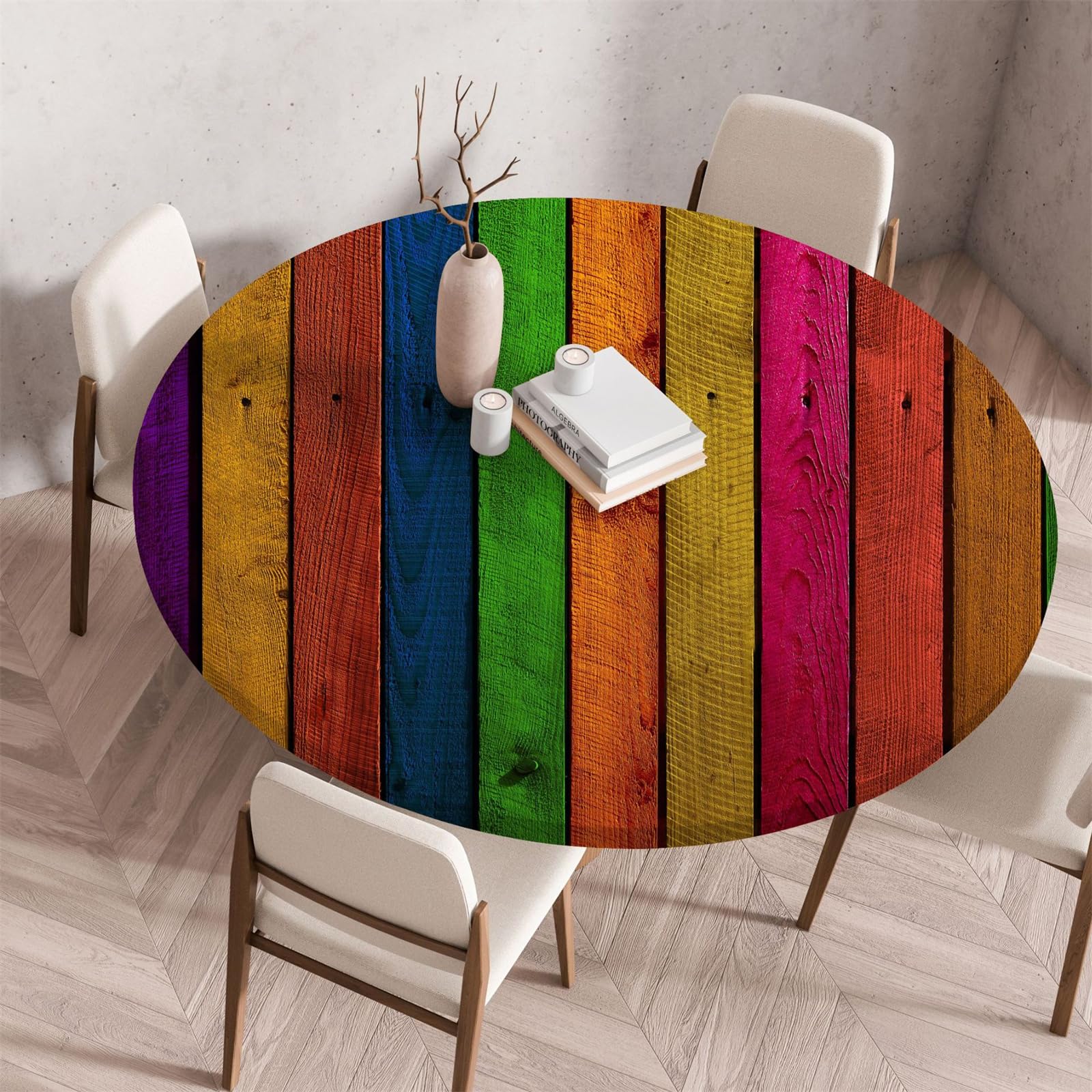 Muiuou Round Tablecloth, Wood Texture Printing Reusable Waterproof Oil-Proof Elastic Round Table Cover Cloth, Fitted Kitchen Restaurant Picnic Home Decoration (Diameter 110cm,Style 6)