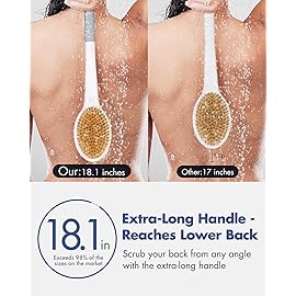 Back Scrubber Body Shower Brush: Anti Slip Long Handle Bath Brush with Stiff and Soft Bristles - Showering Exfoliator Wet or Dry Brushing for Women, Men, Elderly (Grey)