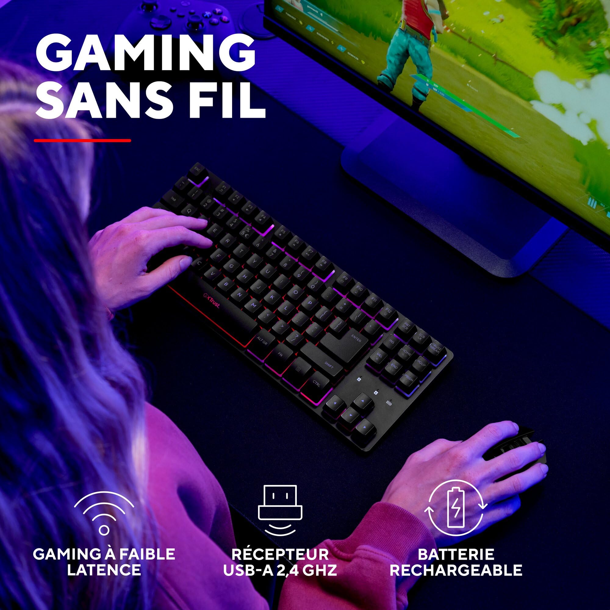 GXTrust Dothix Clavier sans Fil TKL 80%, Layout AZERTY Français, Noir | Éclairage RGB LED, Clavier Gamer Rechargeable 2.4GHz, Batterie 420 Heures pour Windows, Mac, PC, Ordinateur
