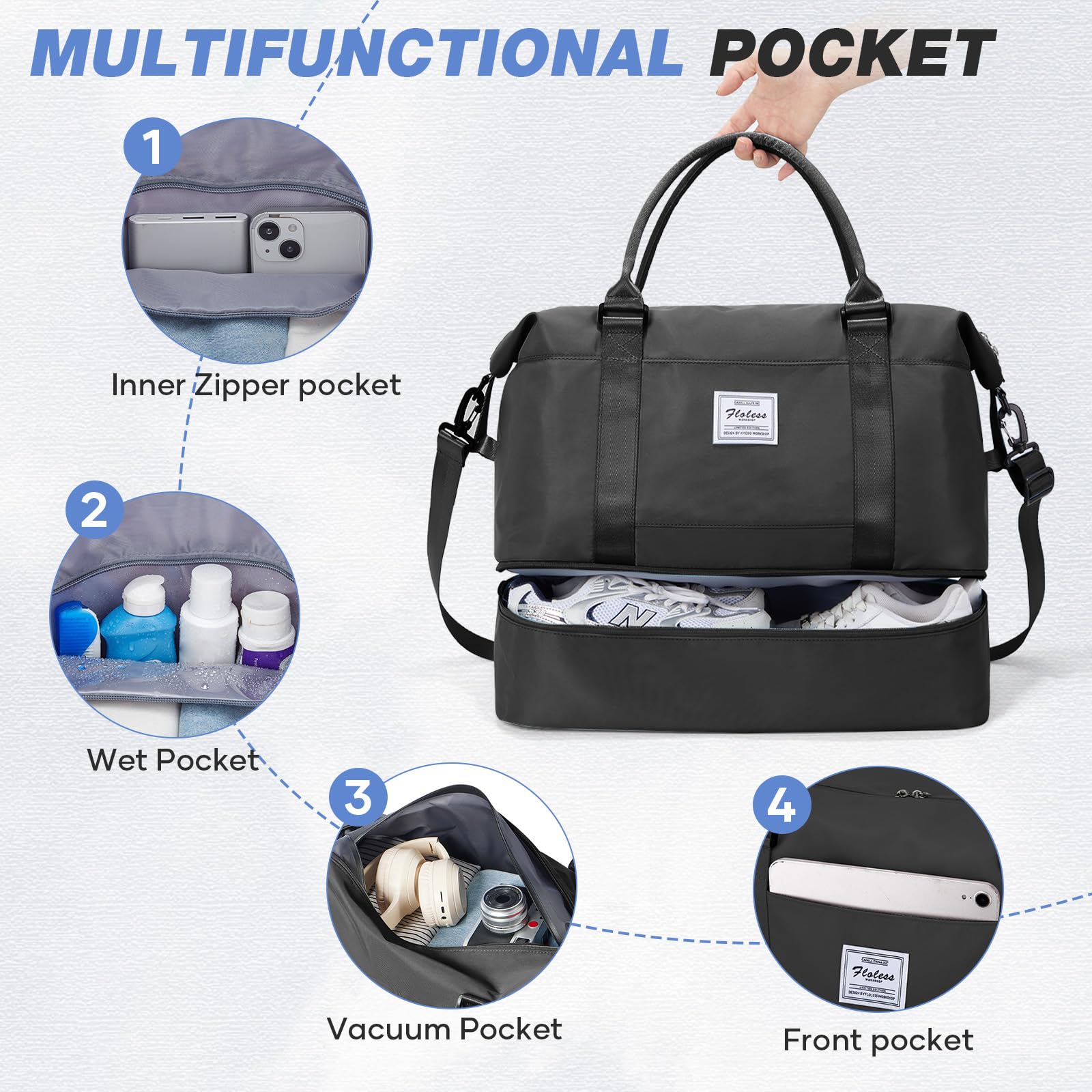 SEAFEW Cabin Bag 40x30x20 for New Ryanair/Wizz Travel Hand Luggage for Easyjet Airplane Underseat 45X36X20 Carry on Weekend Overnight Bag Sport Gym Tote Mum Hospital Bags for Women Men with Shoe Pouch
