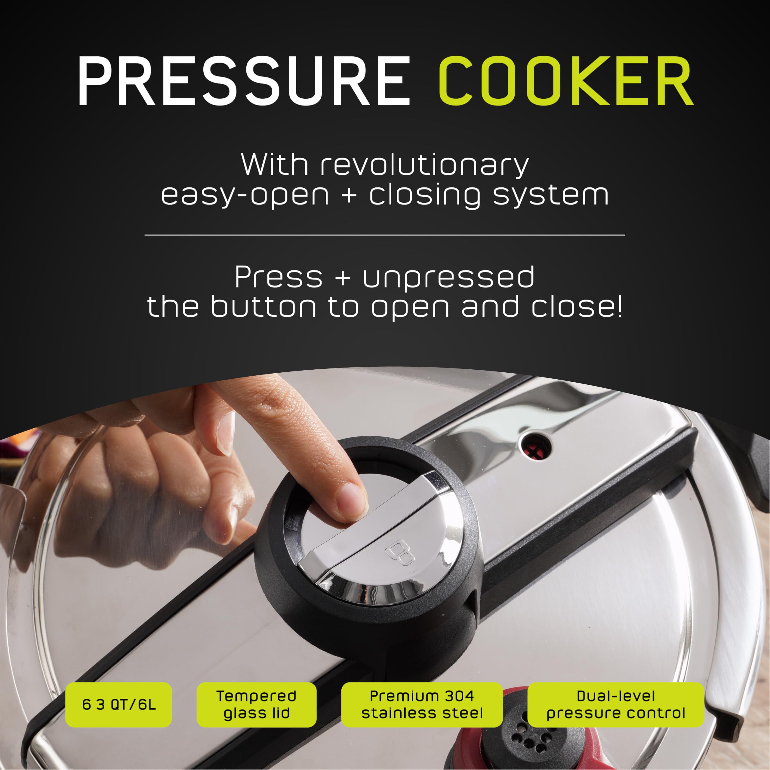 Universal (6.3 Qt/6 Liter) Silver Express Pressure Cooker + Extra Glass Lid, (15 PSI/100 kPa) with Easy Opening System, Ultra Safe Stainless Steel Pressure Cooker
