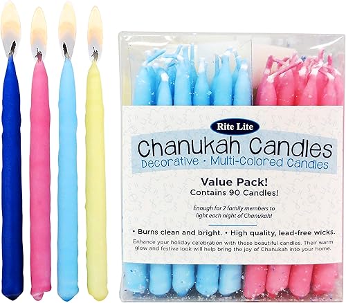 Rite Lite Janucá - Paquete de 90 velas decorativas, paquete de 90 velas de Hanukkah (multicolor)