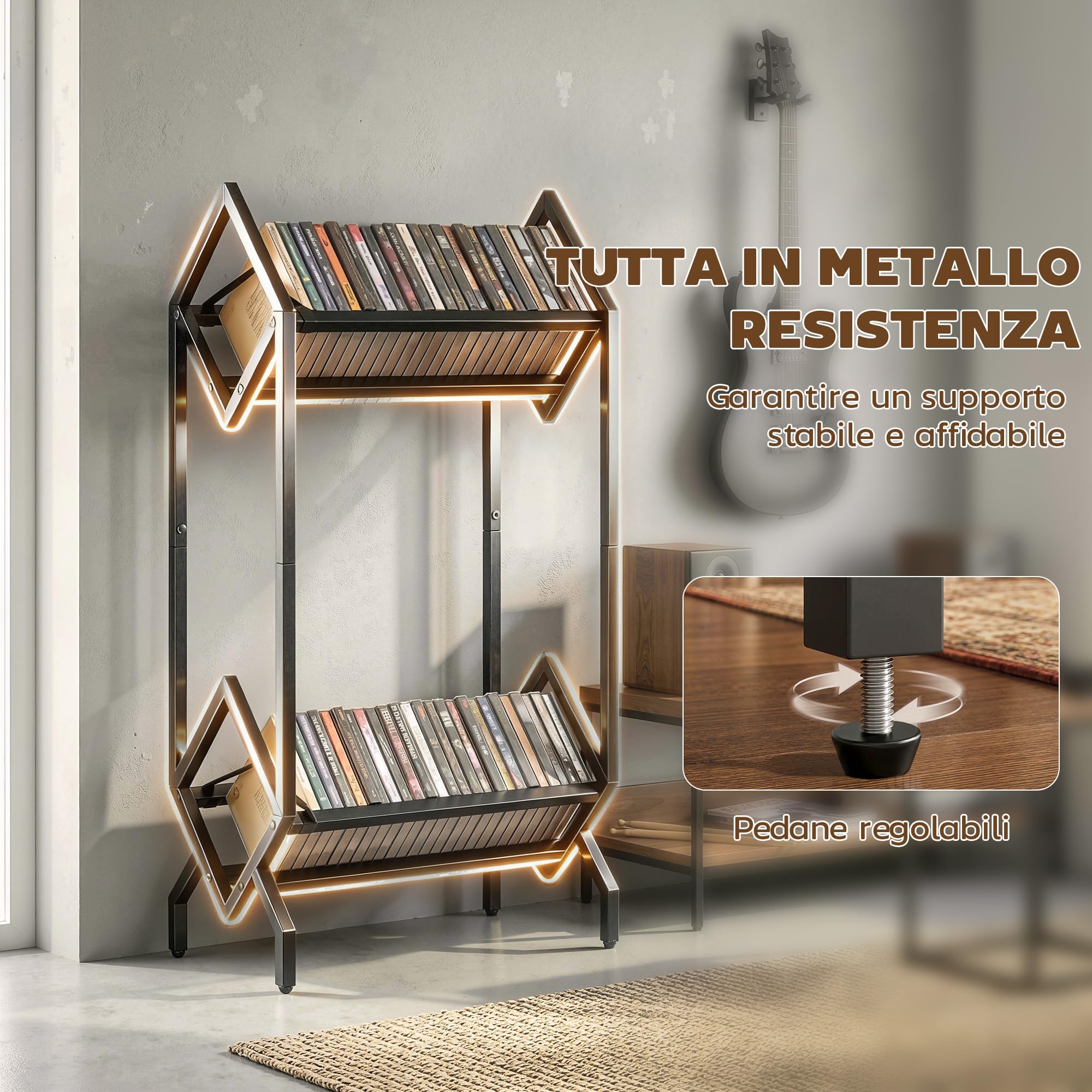 Meuble porte-CD HOMCOM à 2 niveaux en métal, étagère pouvant contenir 50 CD, peu encombrante, meuble porte- pour DVD et livres, pour le salon, la chambre à coucher ou le bureau, 45,2 x 25,4 x 80