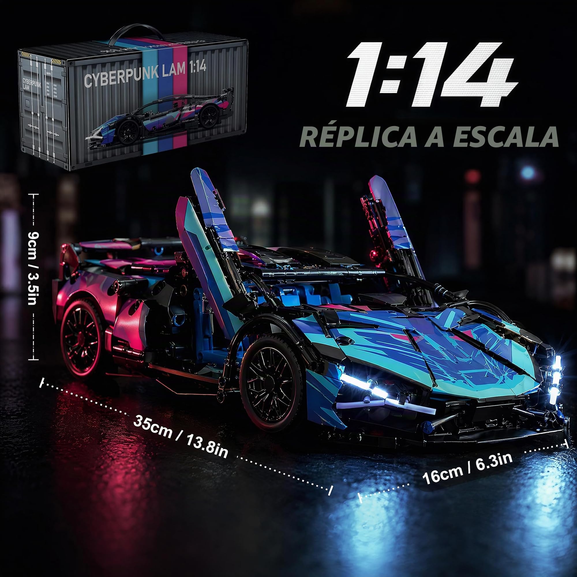 Coche RC, Coche teledirigido, 1:14 con LED Modelo Kit | coche RC: luces LED, juego por app y mando 2.4GHz; montaje en familia, conducción interior, exposición y regalos