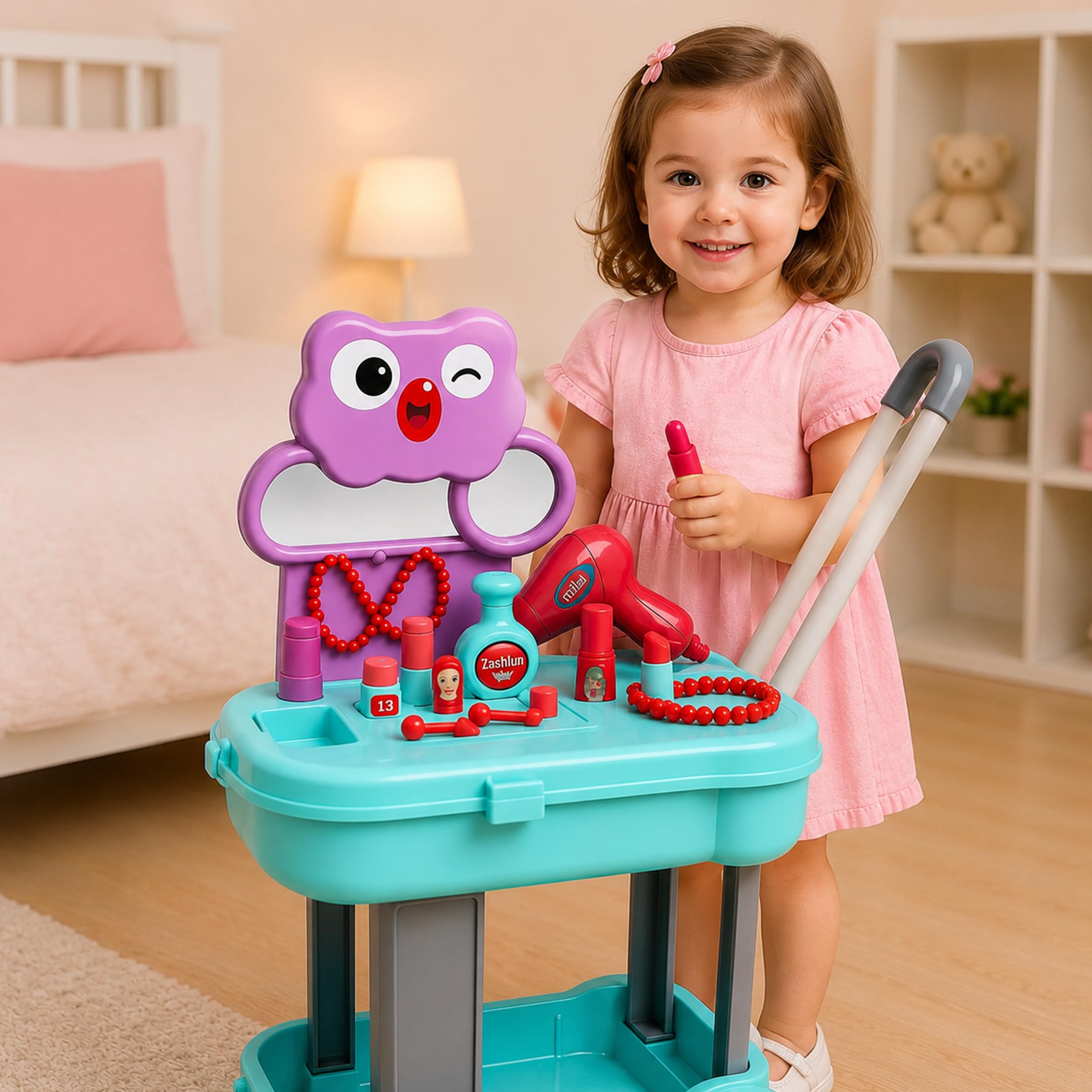 toyshine kids beauty makeup trolley set with wheels | pretend play dressing table & vanity cart with accessories | push-along beauty salon playset for girls | role play toy for toddlers & kids age 3+