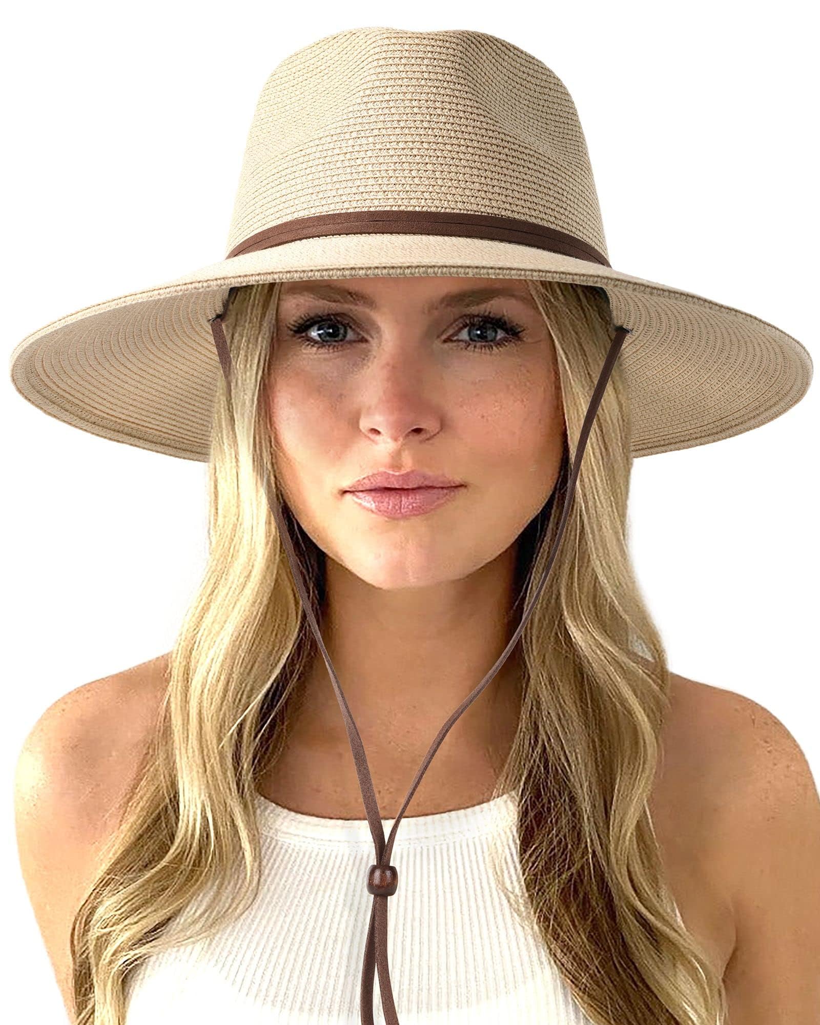 FURTALK Unisex Panama Hat Wide Brim Summer Hat UV Protection Sun Hat with Chin Strap Beach Hat for Men and Women Adjustable Straw Hat