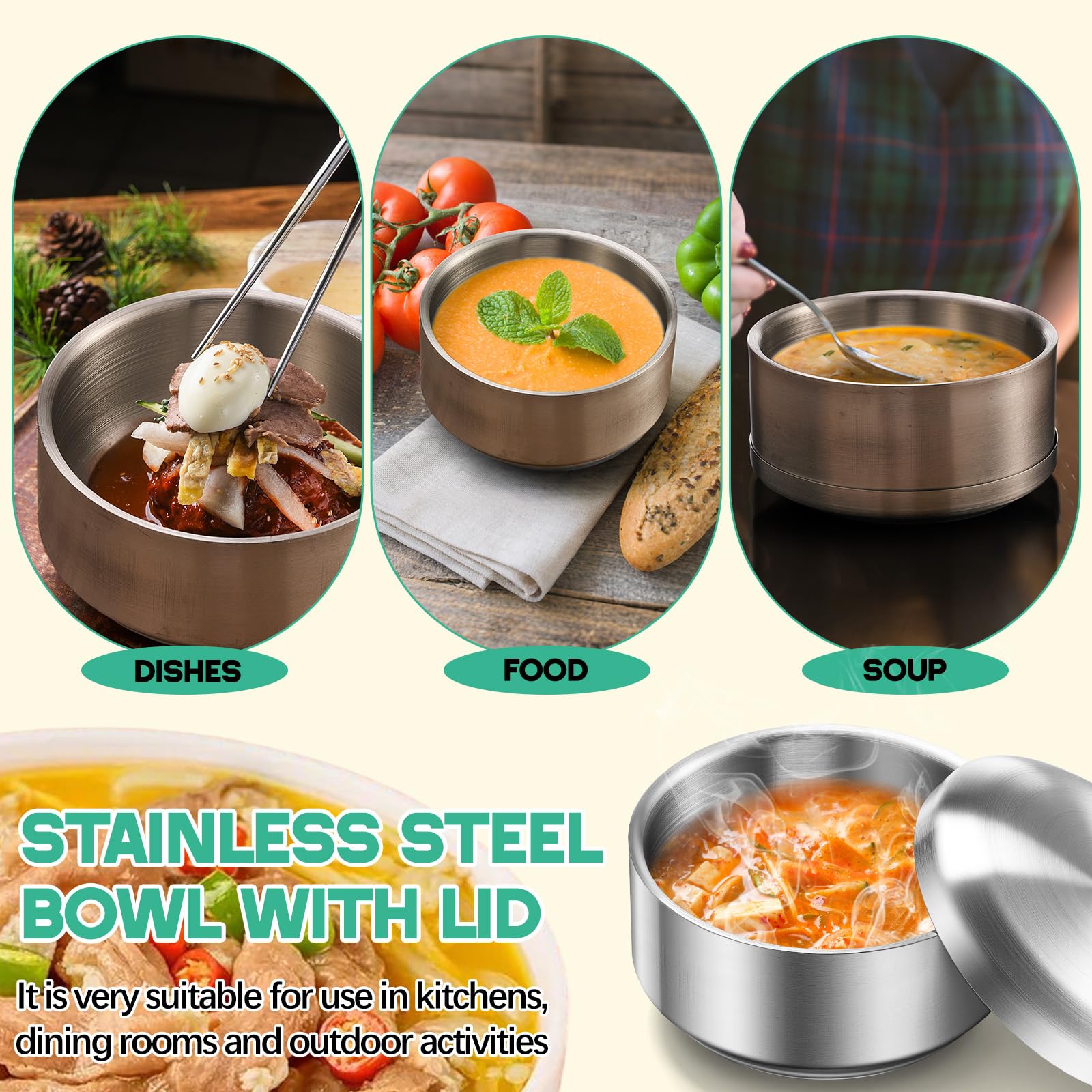 Reallnaive Juego de 4 cuencos de arroz de acero inoxidable con tapa para cocina coreana, restaurante, doble pared, cuencos de metal antiquemaduras para sopa, ensalada, fideos