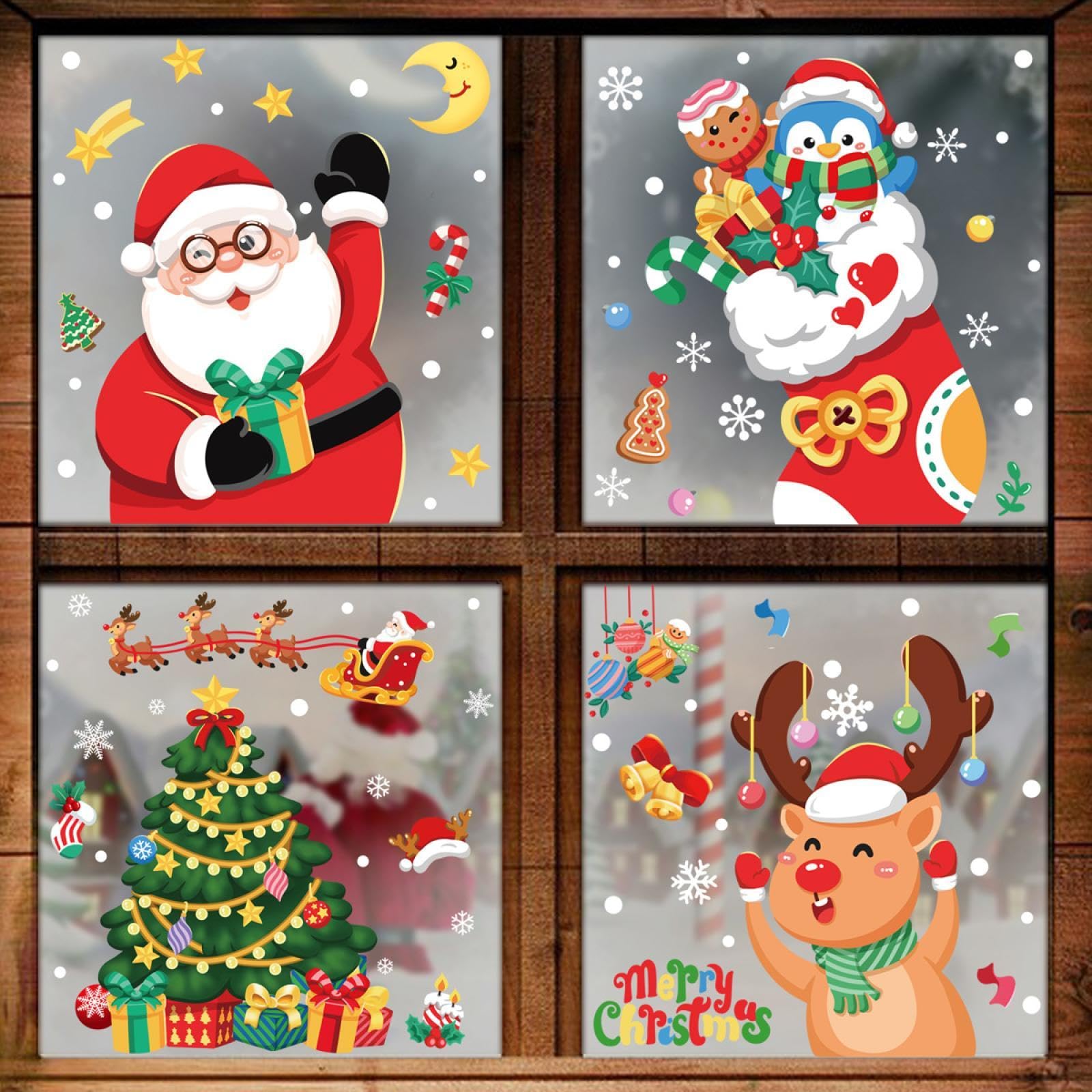 Ladlebroom Christmas Decoration Snowflake Stickers, Santa Claus, Elk, Snowman Static Stickers, Merry Christmas Window Stickers