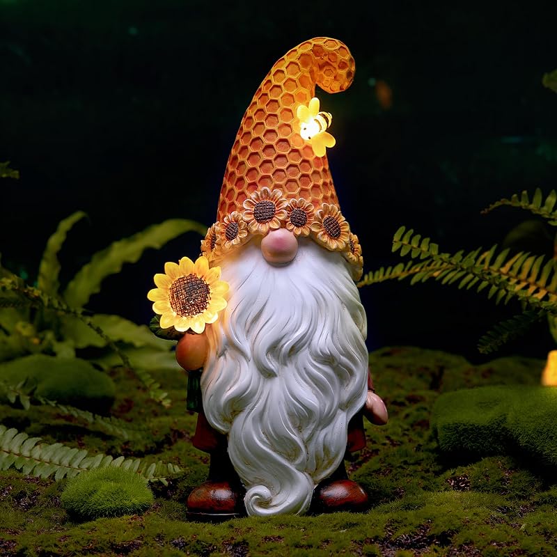 Olekki Garden Gnomes Outdoor - Sunflower Gnome Statue with Solar LED Lights for Yard, Patio, Lawn Ornaments - Best Garden Gifts for Mothers Day, Housewarming, Festival