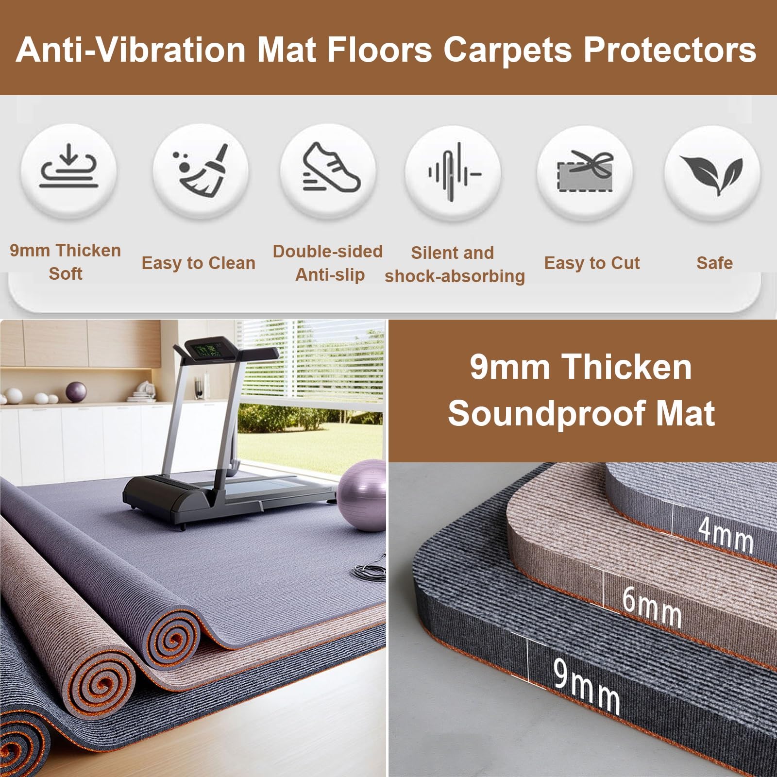 Tapis de Protection Sol 9mm Épais Antidérapant Insonorisant Antivibration,Intérieur Long Tapis Couverture en TPE pour Salon Cuisine Entrée Couloir Home Trainer– Découpable(Beige-Browm,80x200cm)