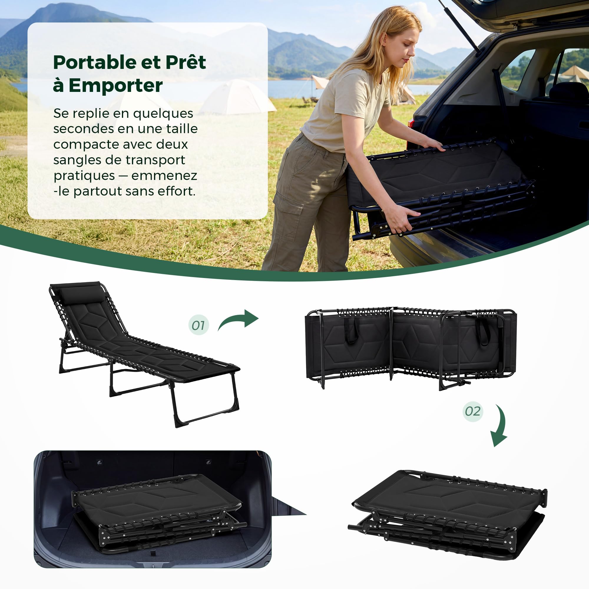 Palawano Transat de Jardin Extérieur Pliable Rembourré 190 × 70cm | Dossier Réglable 5 Positions , Appui-Tête Réglable, Cadre en Acier Supportant 200kg, Toile Oxford 600D ; Plié : 75×55×13cm