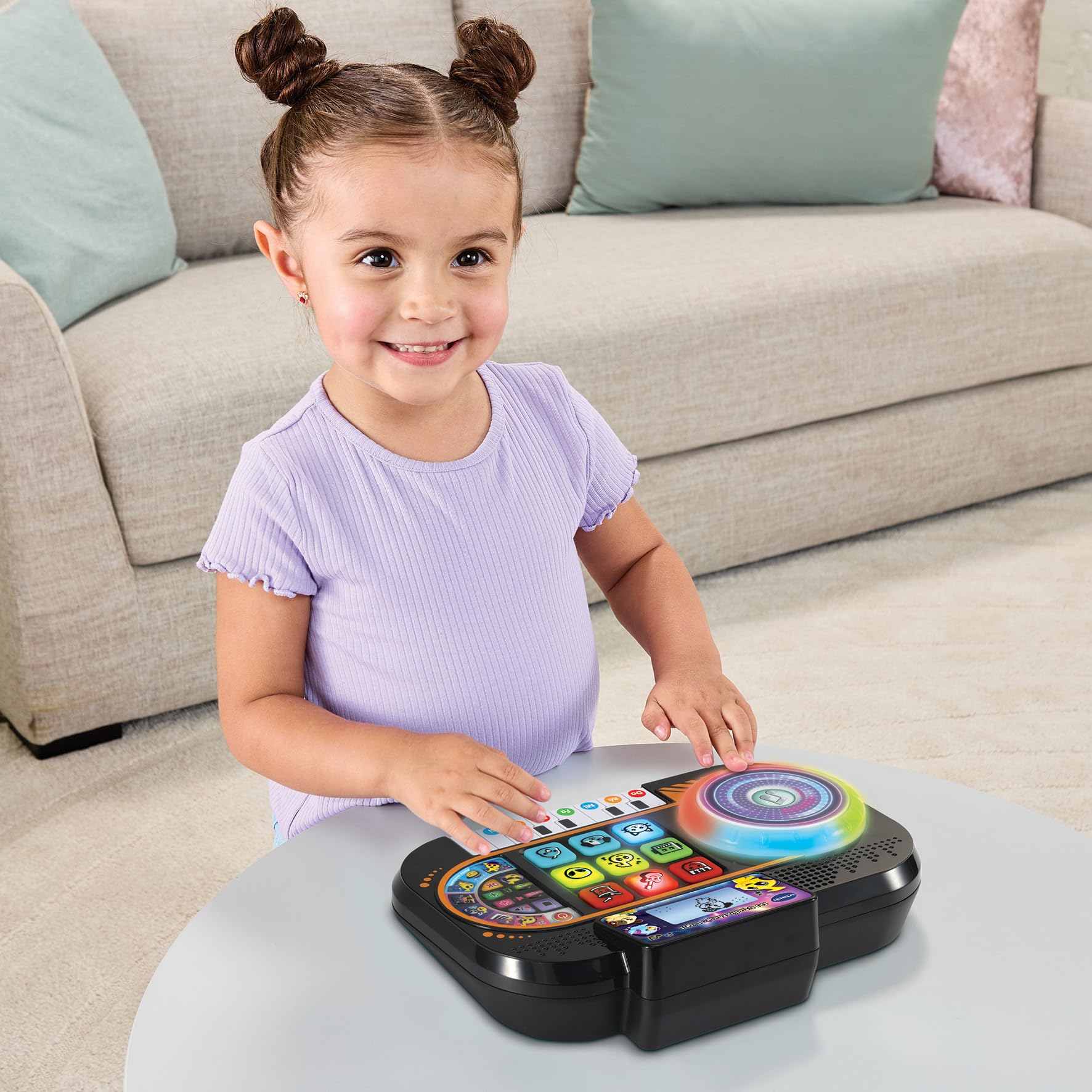 VTech - DJ Mix Junior Mesa de Mezclas Infantil, Juguetes Electrónicos Niños +3 Años, Panel Luminoso, Disco Scratch, Piano con 8 Teclas, 9 Canciones, 27 Melodías y Minijuegos, Versión ESP