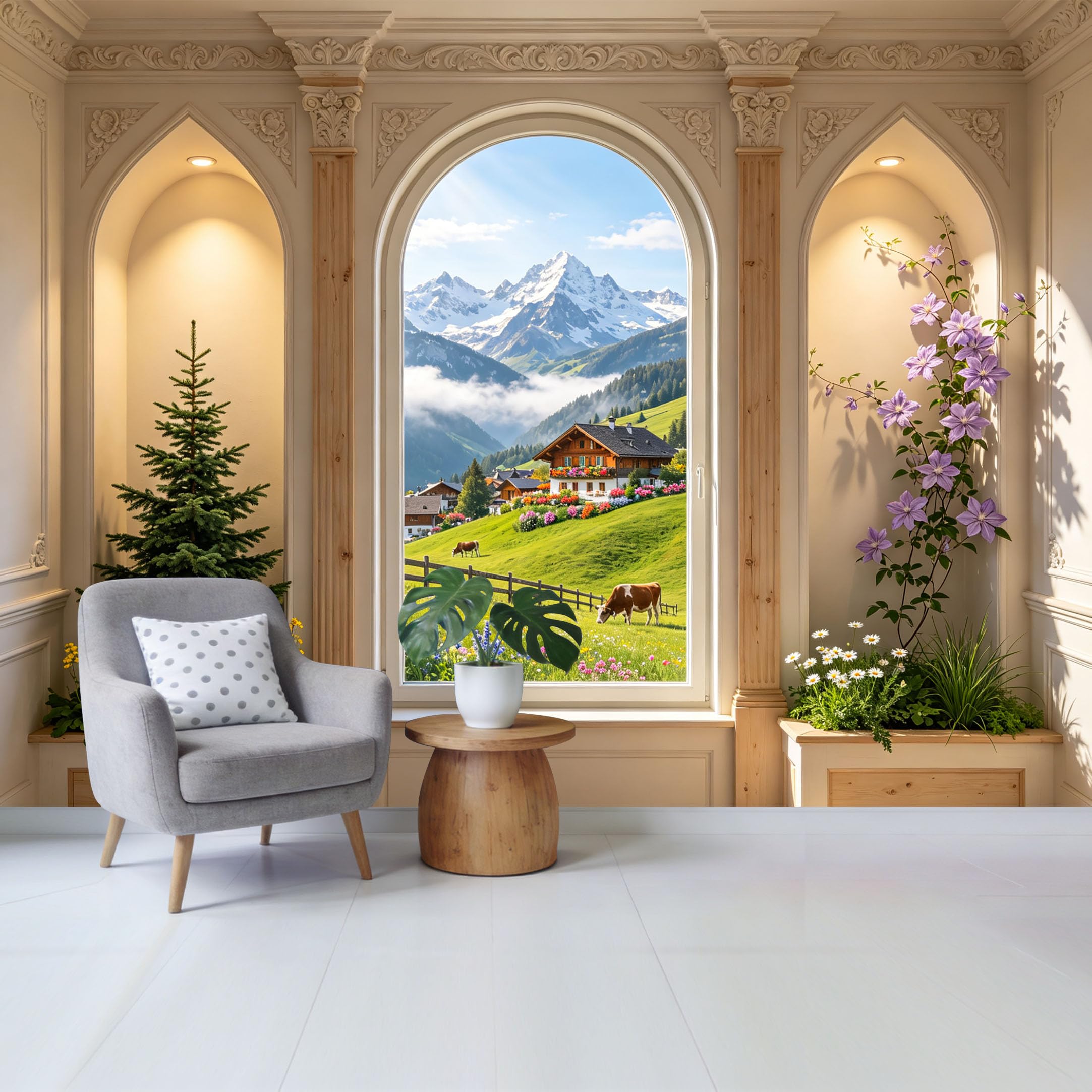 Custom Size Wall Mural Alpine Mountain Village Landscape with Cottage Green Meadow and Snow Peaks Removable Self Adhesive Fabric Home Wall Decor for Living Room Bedroom Bathroom