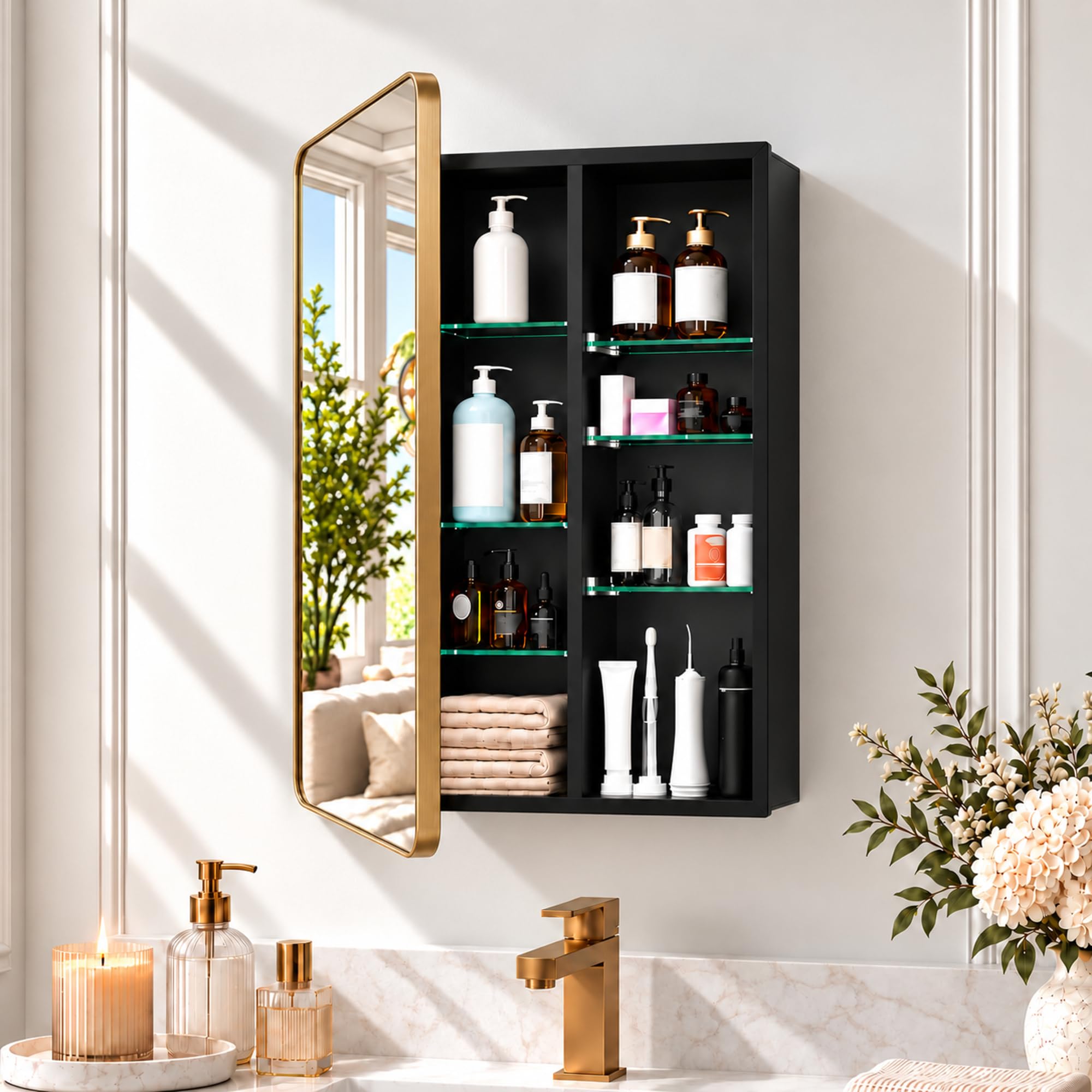 16x24 Brush Gold Medicine Cabinet Mirror, Recessed/Surface Mount