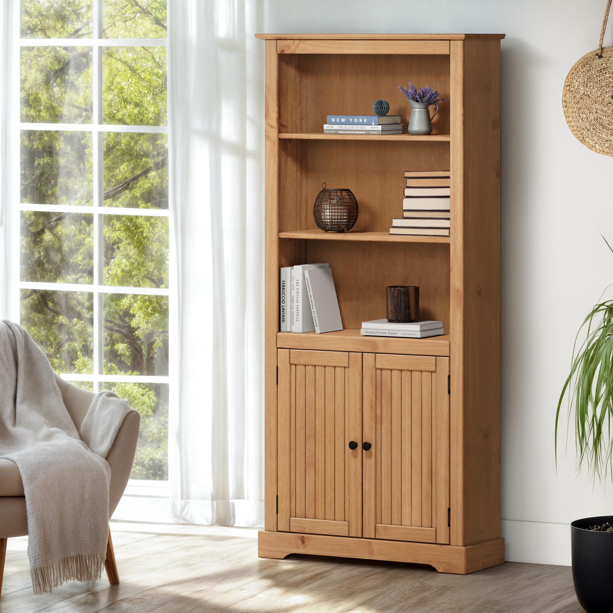 Mercers Furniture Country Bookcase 2 Door Large Display Storage Solid Wood Pine Wooden Cupboard Open Tall Dresser Shelves Shelving Hallway Office Living Dining Kitchen 180cm High 82cm Wide 29cm Deep