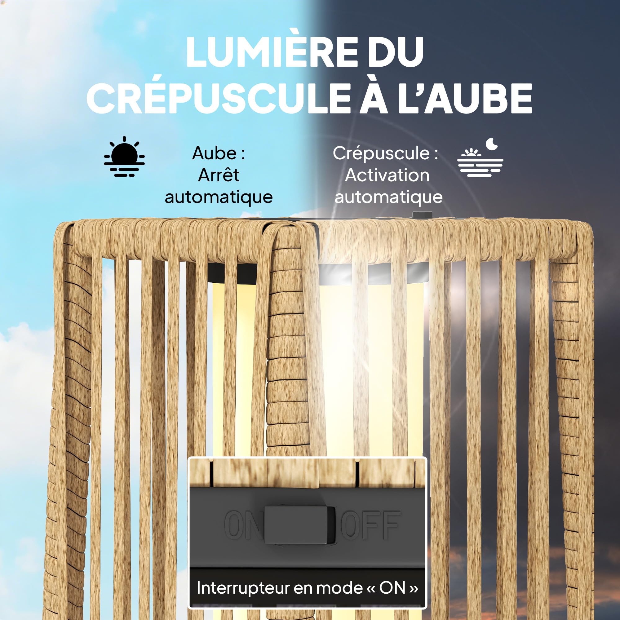 Outsunny Lanterne Solaire Extérieure en Résine Tressée, Lampadaire LED Rechargeable avec Capteur de Lumière pour Jardin