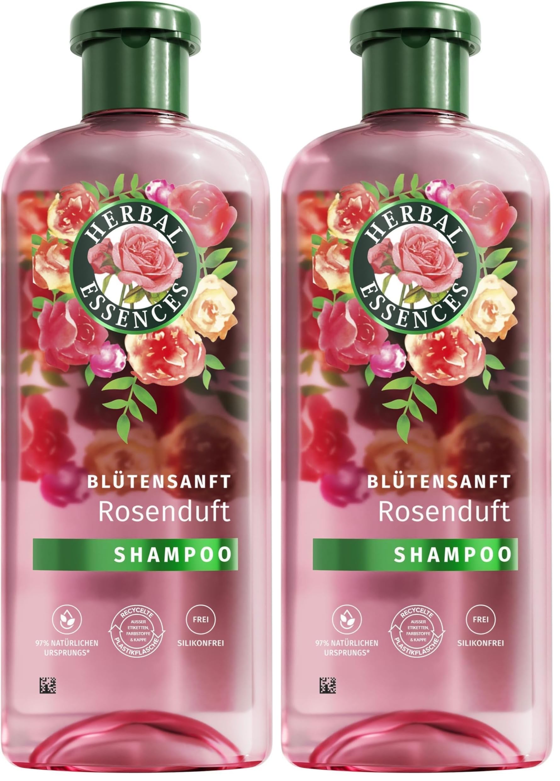 Herbal Essences Blütensanft Shampoo mit Rosenduft 350ml. Von stumpfem Haar zu seidig glänzendem Haare, Mit Rosenessenz, Inhaltsstoffe natürlichen Ursprungs, Vegan, ohne Silikone (Packung mit 2)