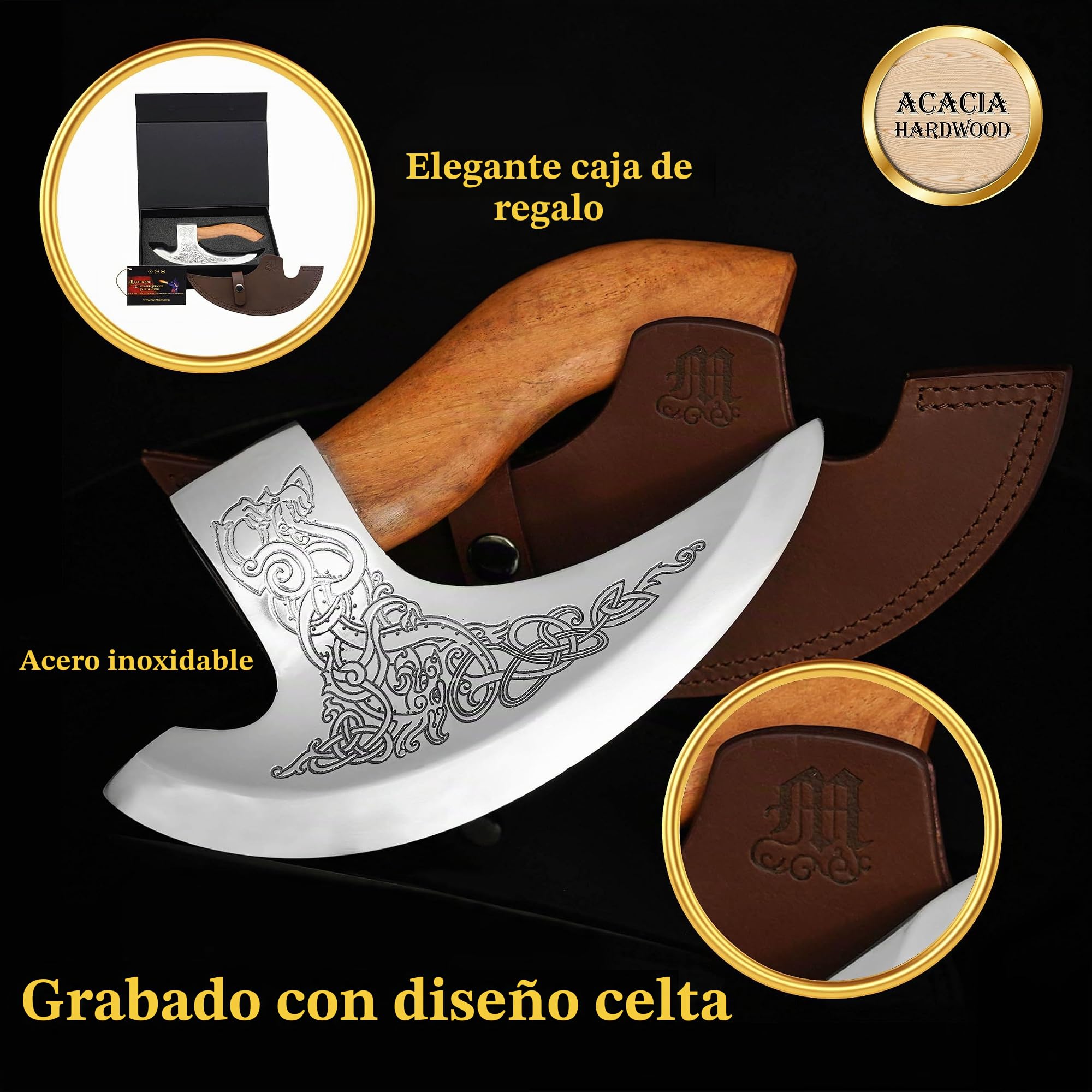 Mythrojan Pizza Axe Cortador de acero inoxidable premium con mango ergonómico y caja de madera, hoja resistente para cortar y picar pizza sin esfuerzo