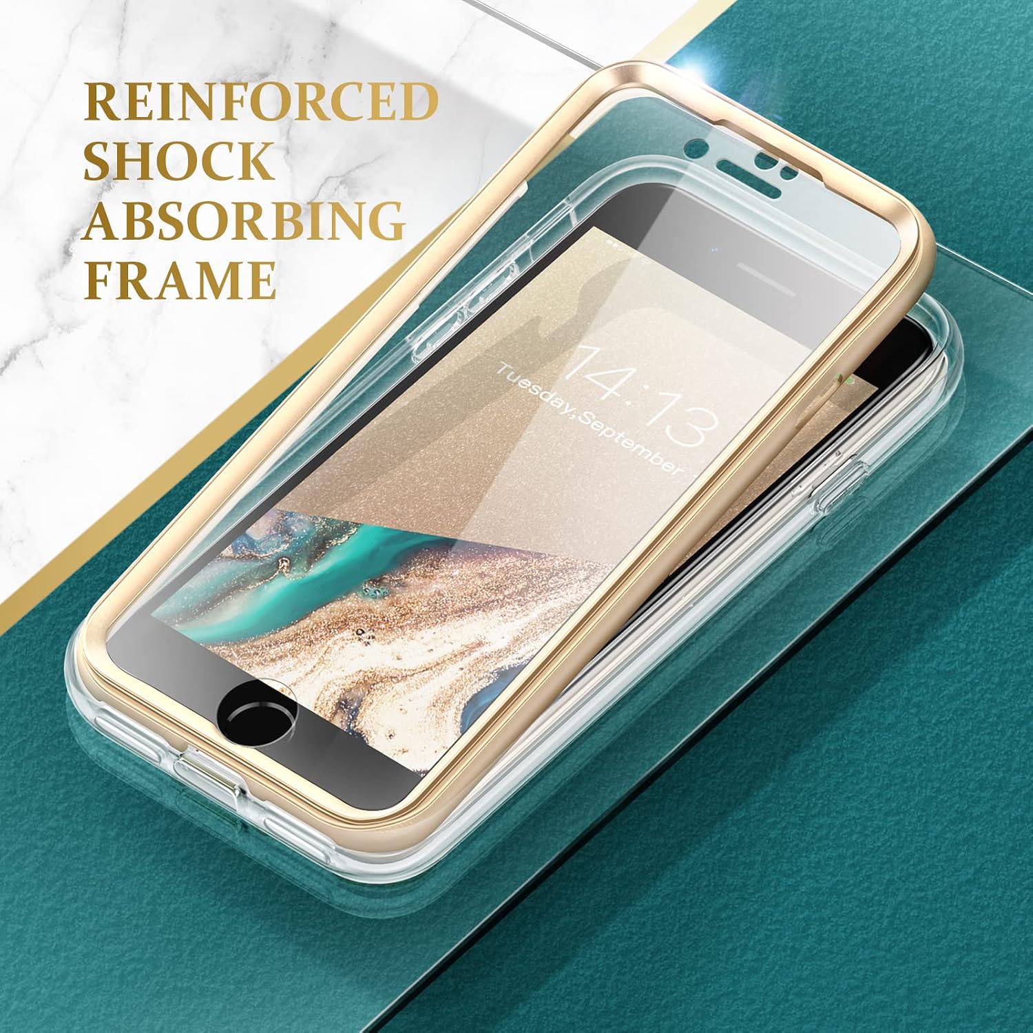 GVIEWIN Designed for iPhone SE 2022 Case (3rd Gen)/SE 2020/iPhone 8/7, [Built-in Screen Protector] Full-Body Protective Marble Cover Shockproof Bumper Case for SE 3/SE 2, 4.7 Inch (Drift Sand/Brown)