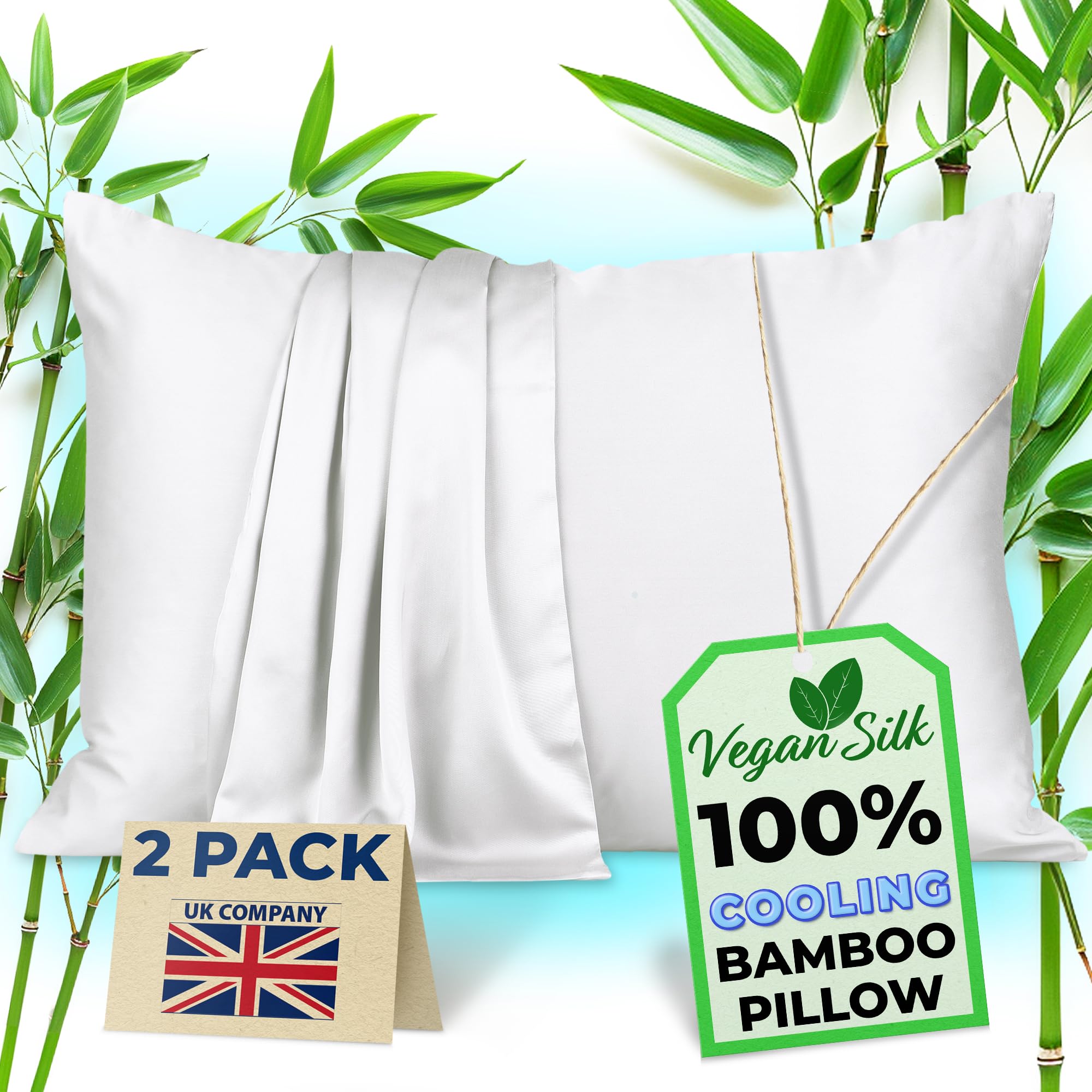 Pillow Cases, 100% Viscose Derived from Bamboo, Cooling Pillowcase, King Size, White, Set of 2 Zippered, for Hot Sleepers
