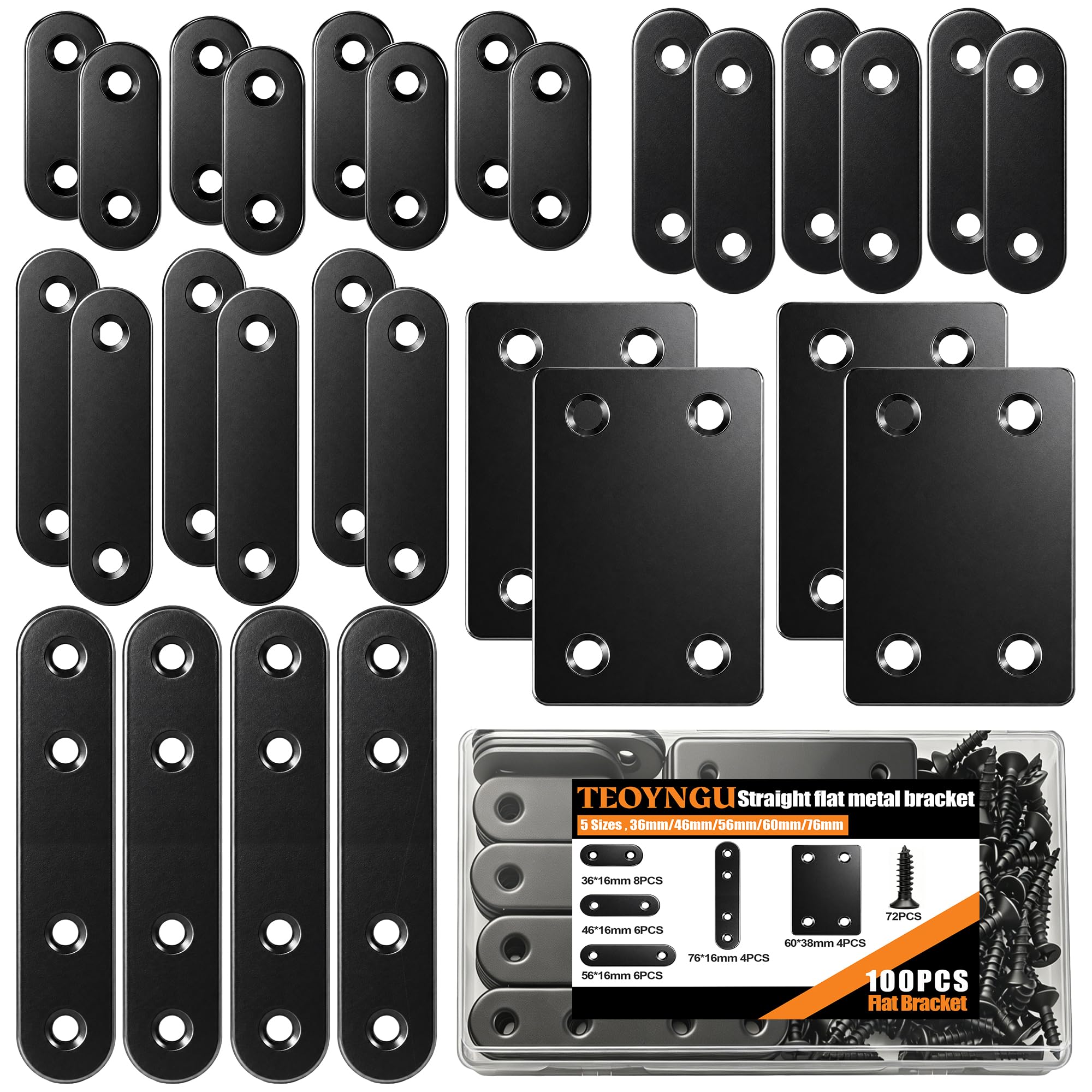 100PCS Flat Plate Straight Bracket,36mm/46mm/56mm/60mm/76mm Flat Brace Bracket, 5 Sizes Stainless Steel Metal Brace Bracket for Wood