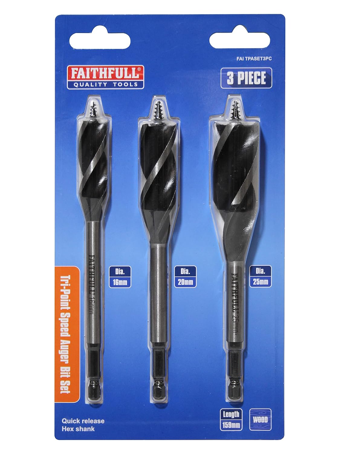 Faithfull FAITPASET3PC Tri-Point Speed Auger Bit - Set of 3-16, 20 & 25mm
